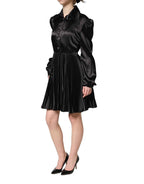 Dolce & Gabbana Black Satin Long Puff Sleeves Pleated Dress