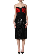 Dolce & Gabbana Black Strapless Red Rose Sequined Midi Dress