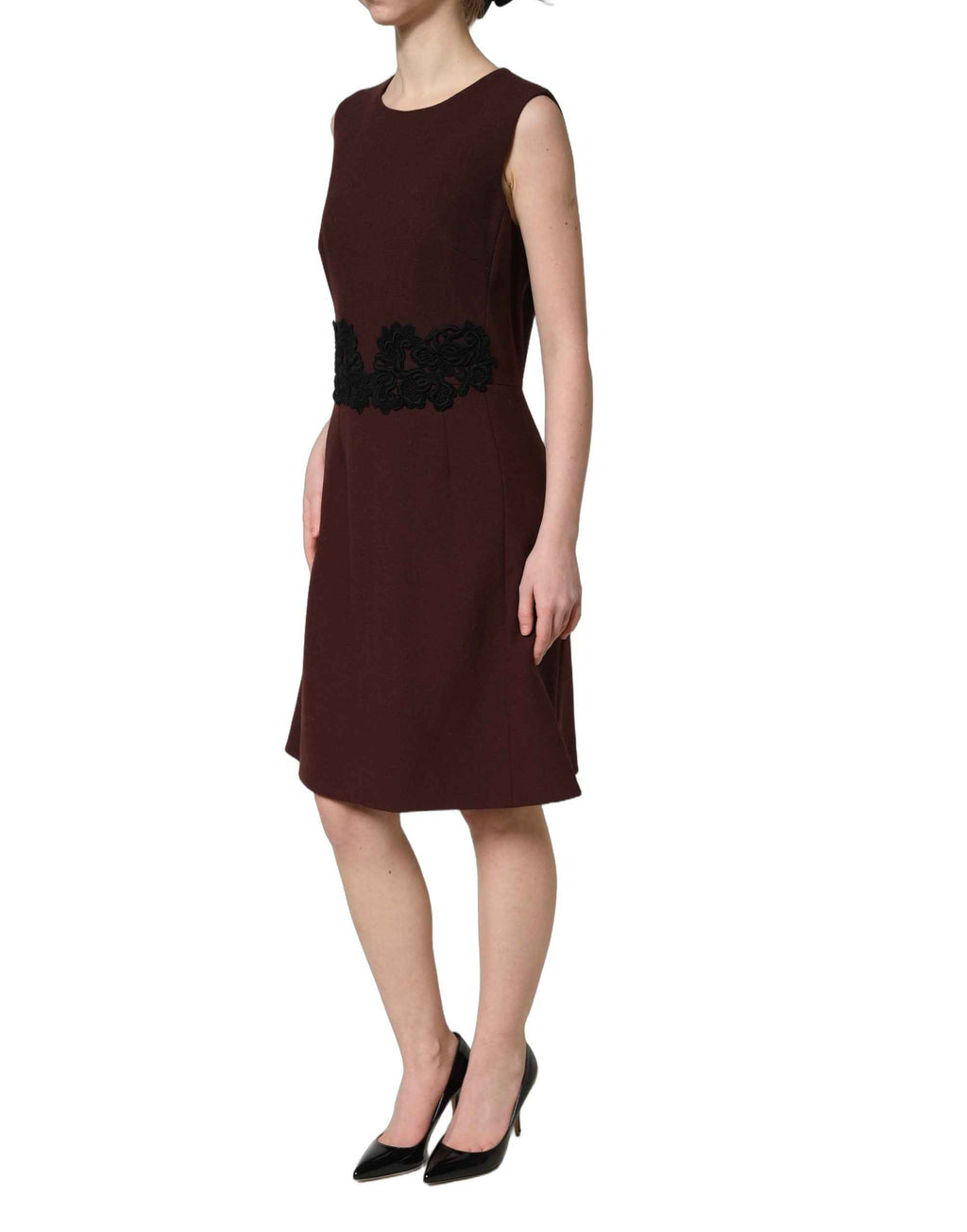 Dolce & Gabbana Maroon Lace Sleeveless Knee Length Dress