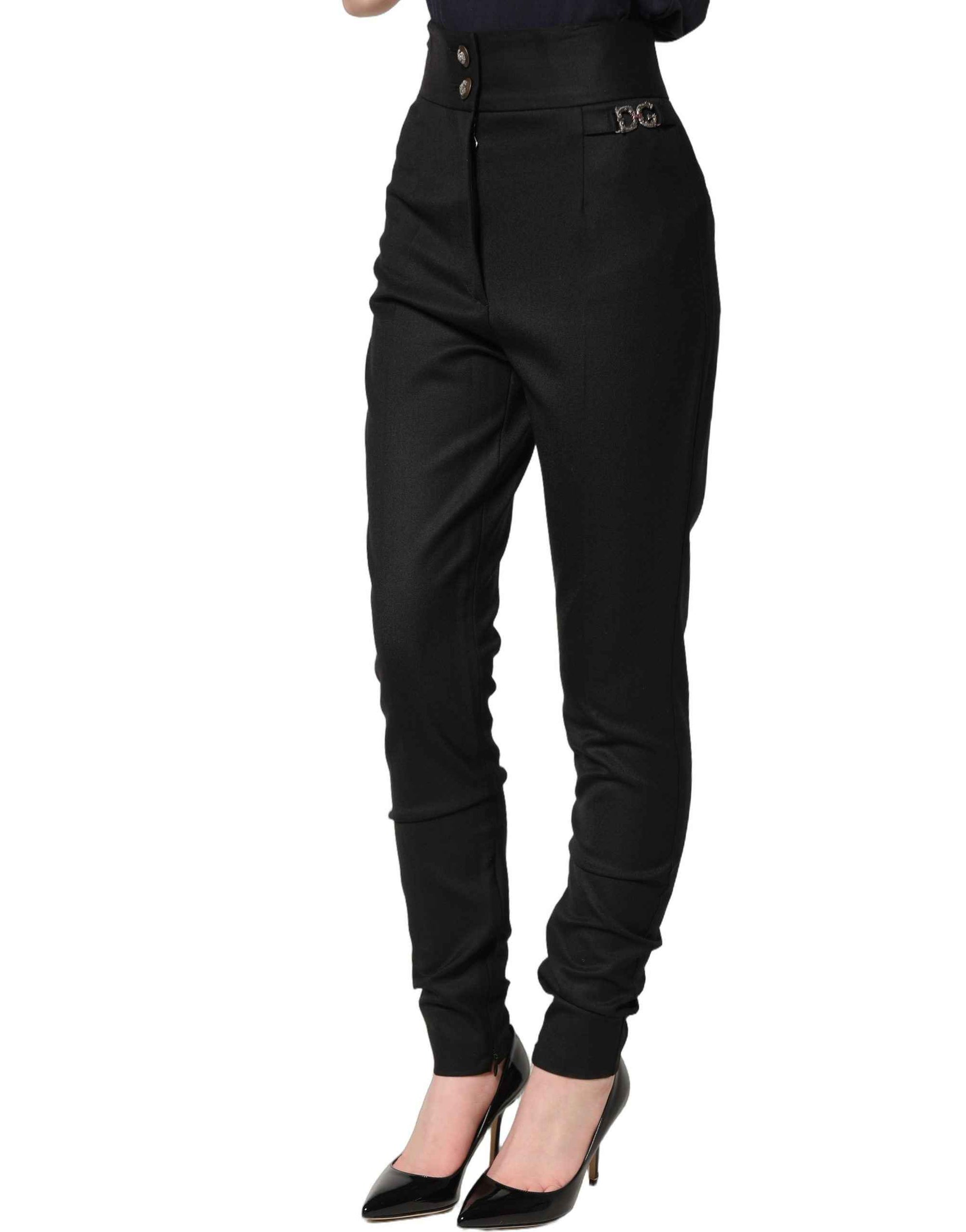 Dolce & Gabbana Black Wool High Waisted Logo Trouser Pants