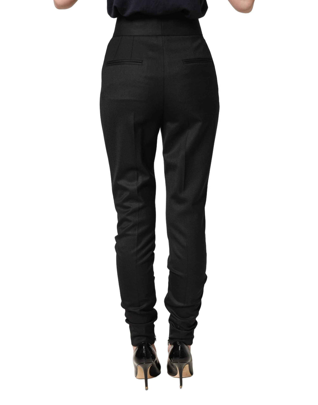 Dolce & Gabbana Black Wool High Waisted Logo Trouser Pants