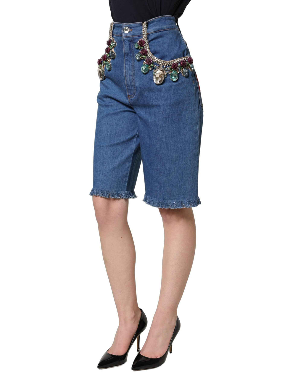 Dolce & Gabbana Blue Cotton Embellished BermudaDenim Shorts