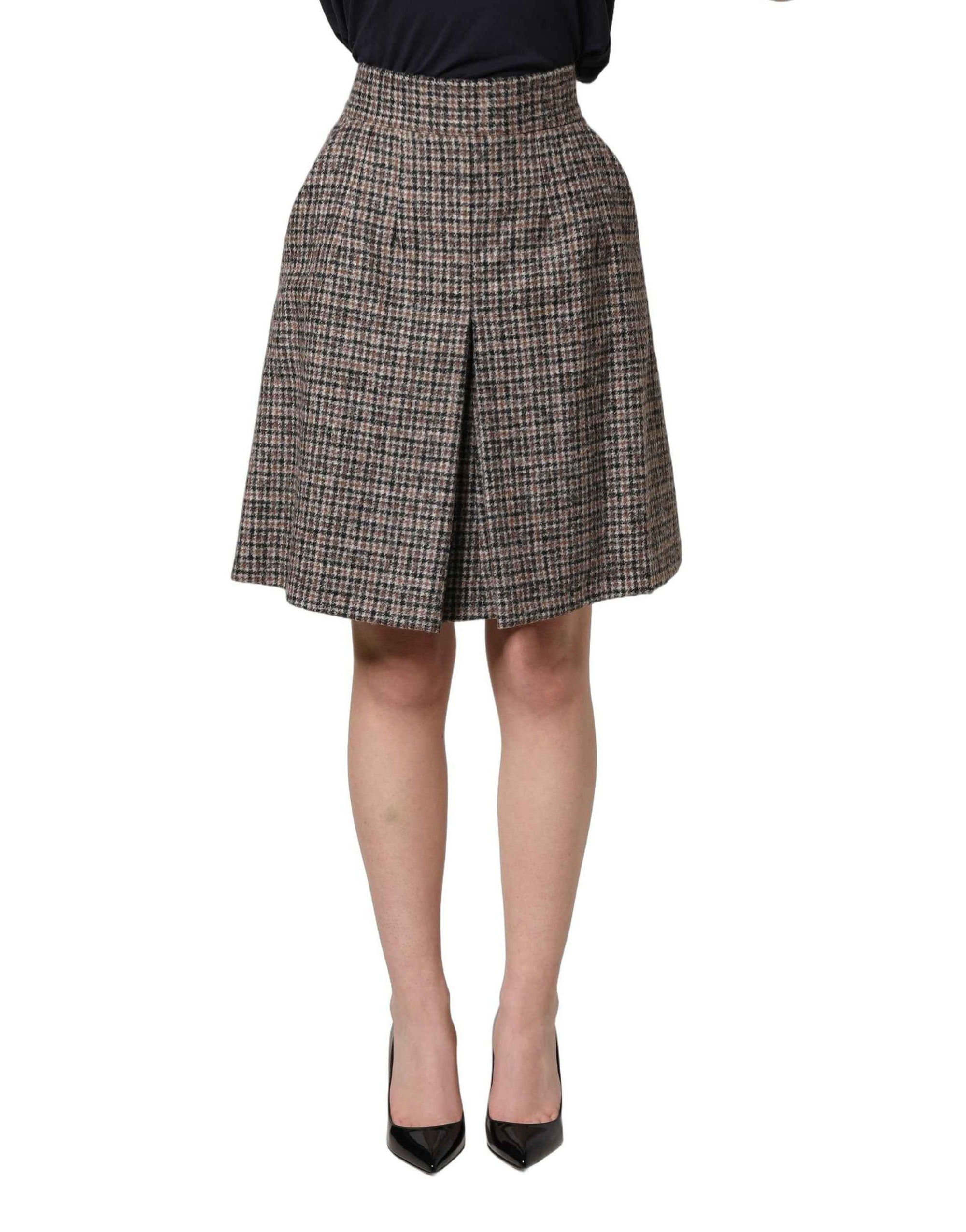 Dolce & Gabbana Brown Tweed Kick Pleat High Waist Mini Skirt