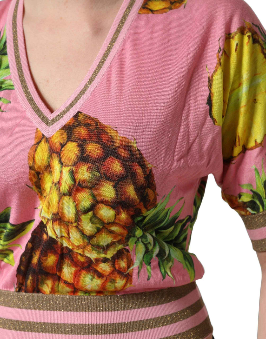 Dolce & Gabbana Pink Pineapple Vneck Short Sleeve Cropped Top