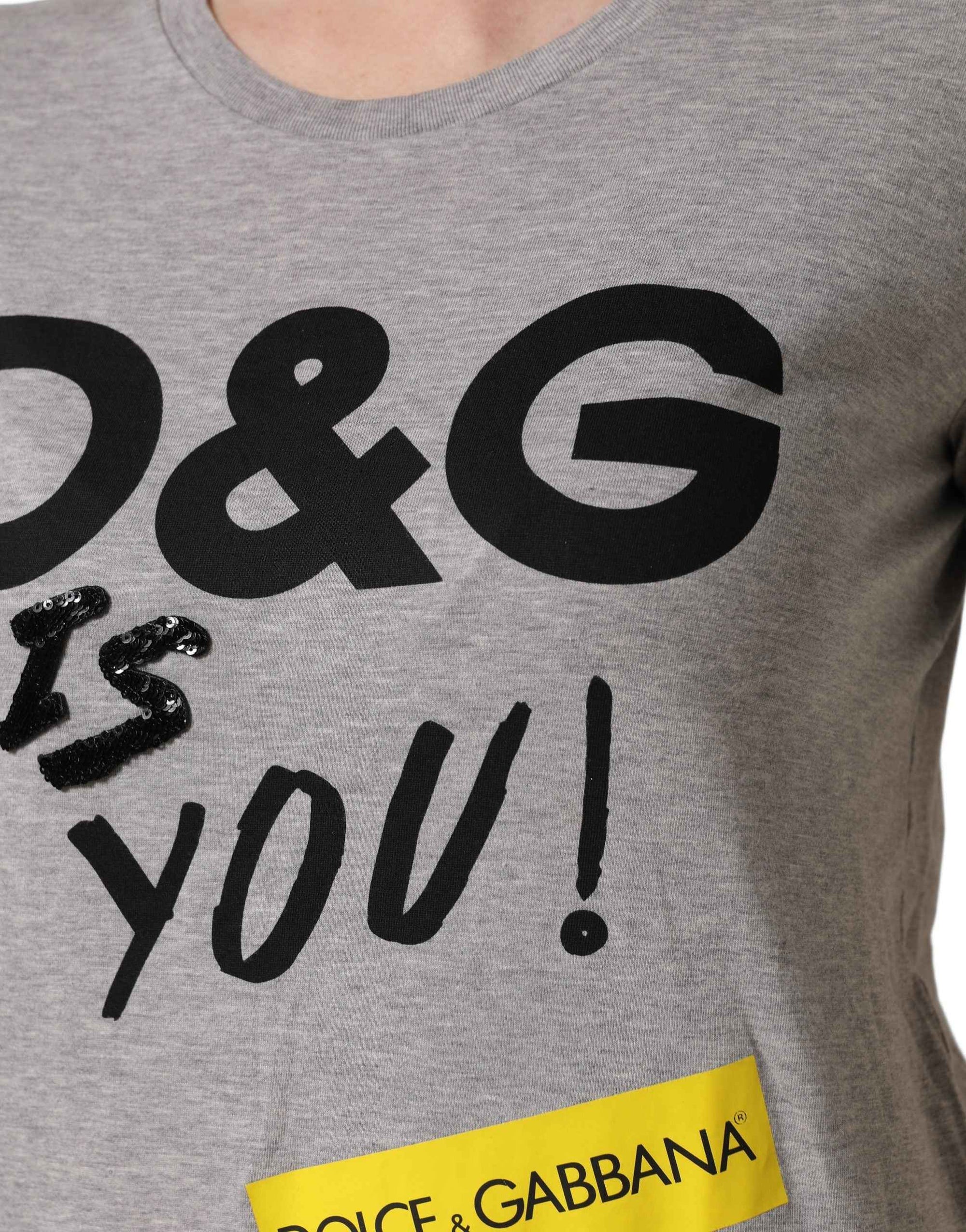 Dolce & Gabbana Gray Cotton Logo Printed Crew Neck T-shirt