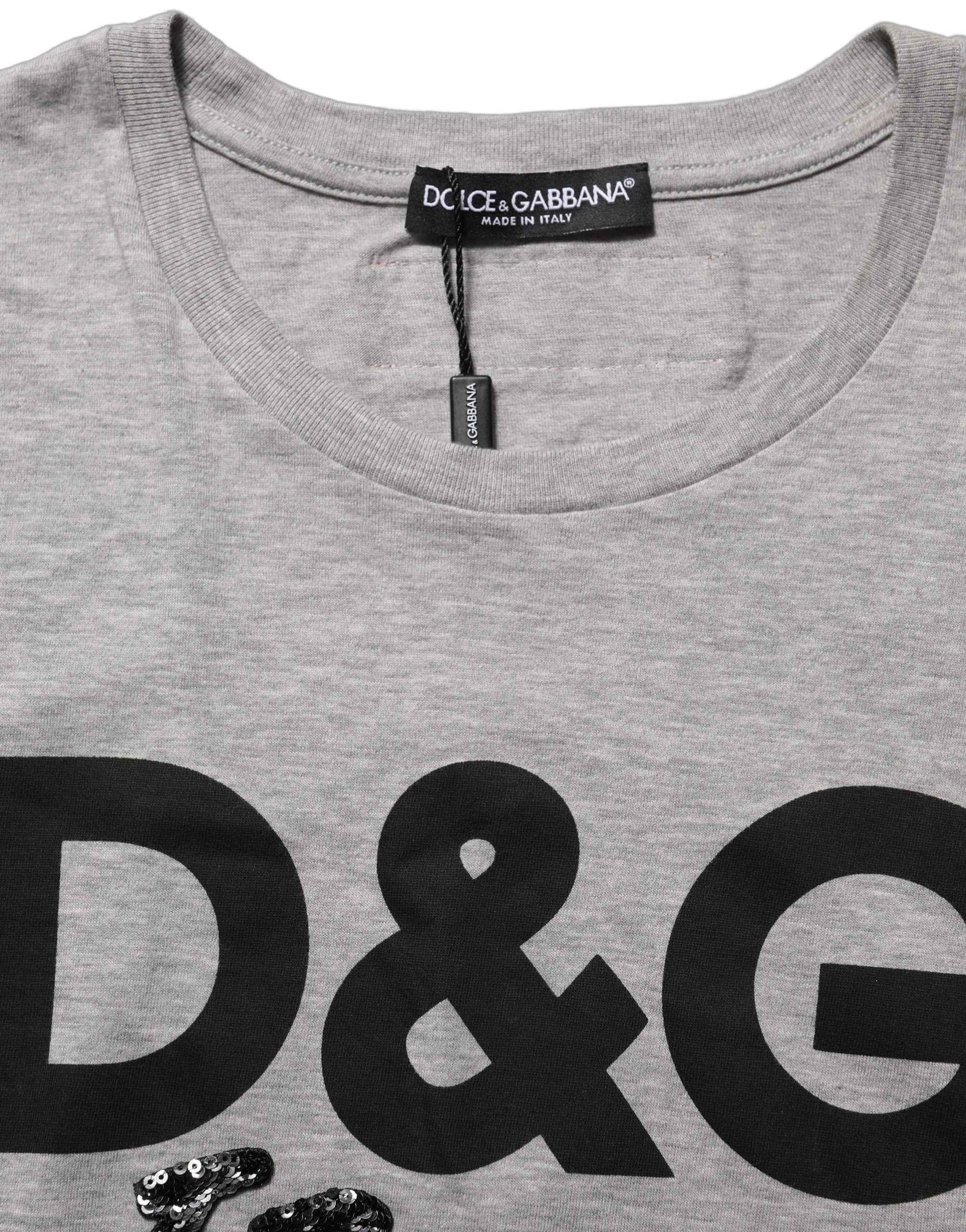 Dolce & Gabbana Gray Cotton Logo Printed Crew Neck T-shirt