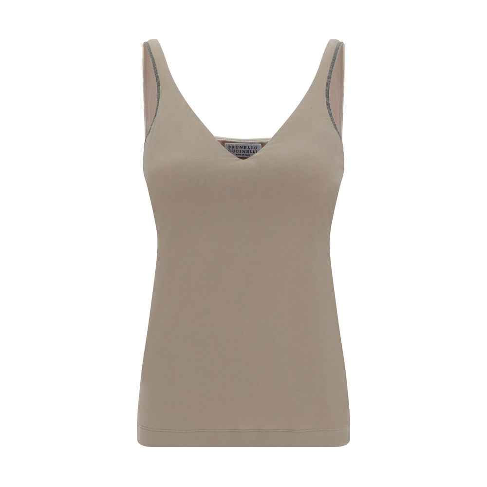 Brunello Cucinelli Beige Cotton Sleeveles T-Shirt