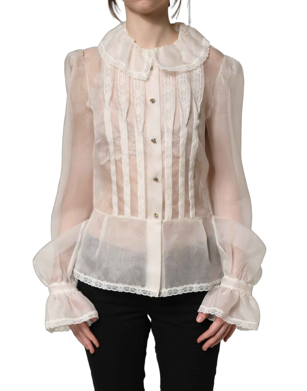 Dolce & Gabbana White Ruffled Sheer Silk Buttoned Blouse Top