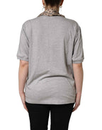 Dolce & Gabbana Gray Cotton V-neck Owl Silk Scarf Top T-shirt