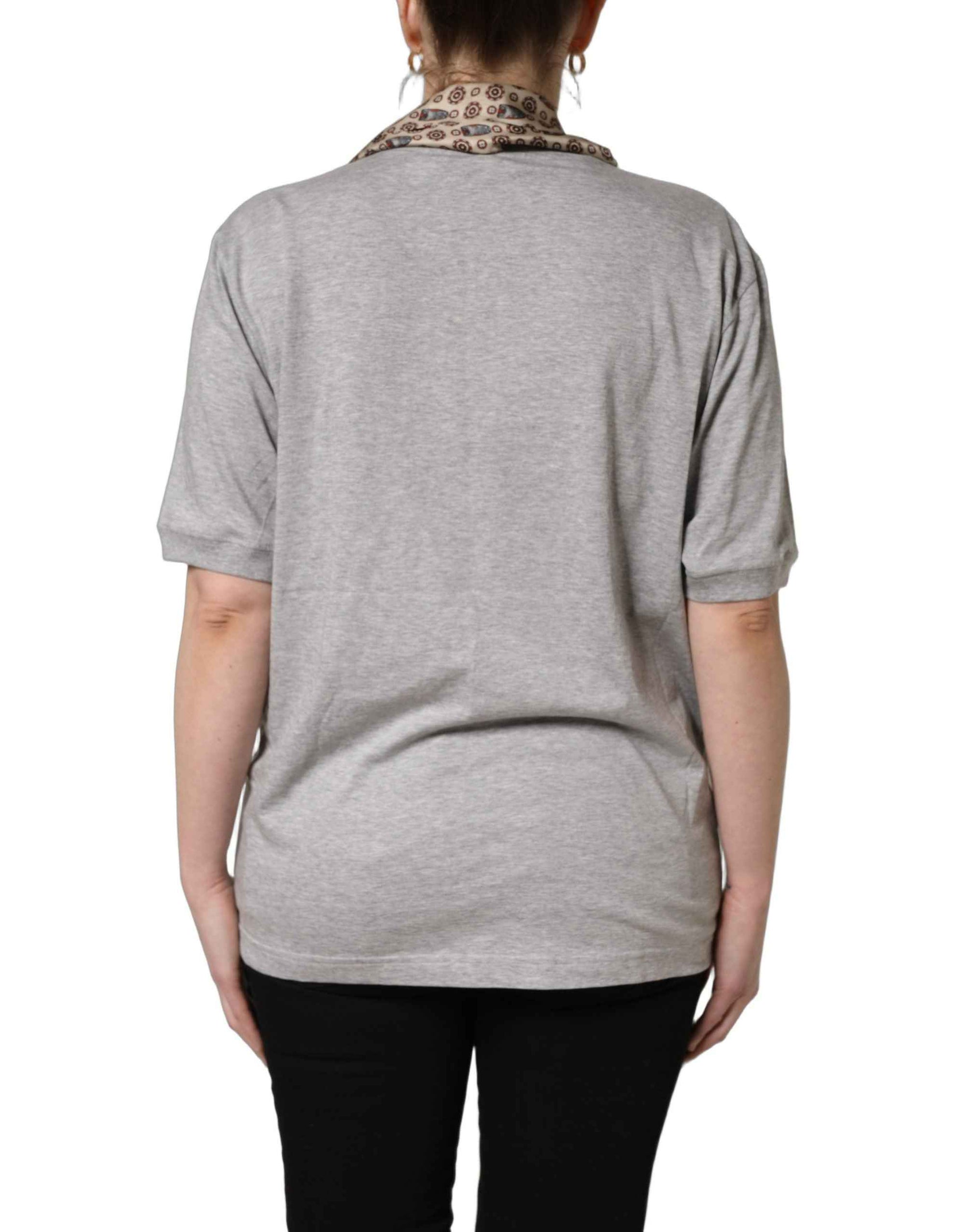 Dolce & Gabbana Gray Cotton V-neck Owl Silk Scarf Top T-shirt