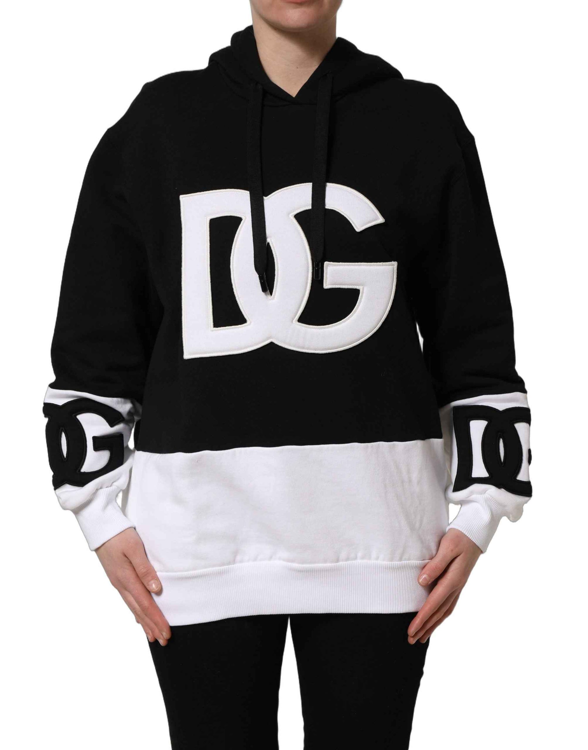 Dolce & Gabbana BlackWhite Appliqué Hooded Sweatshirt Sweater