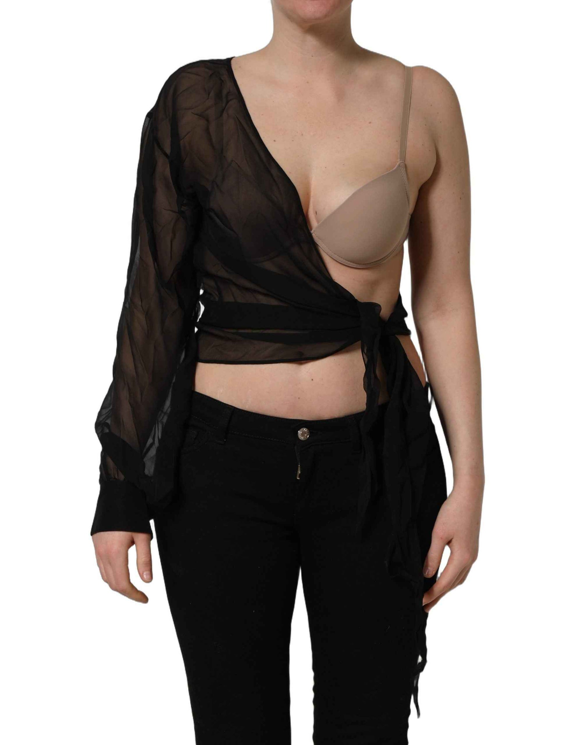 Dolce & Gabbana Black Wrap Sheer Chiffon One Shoulder Top