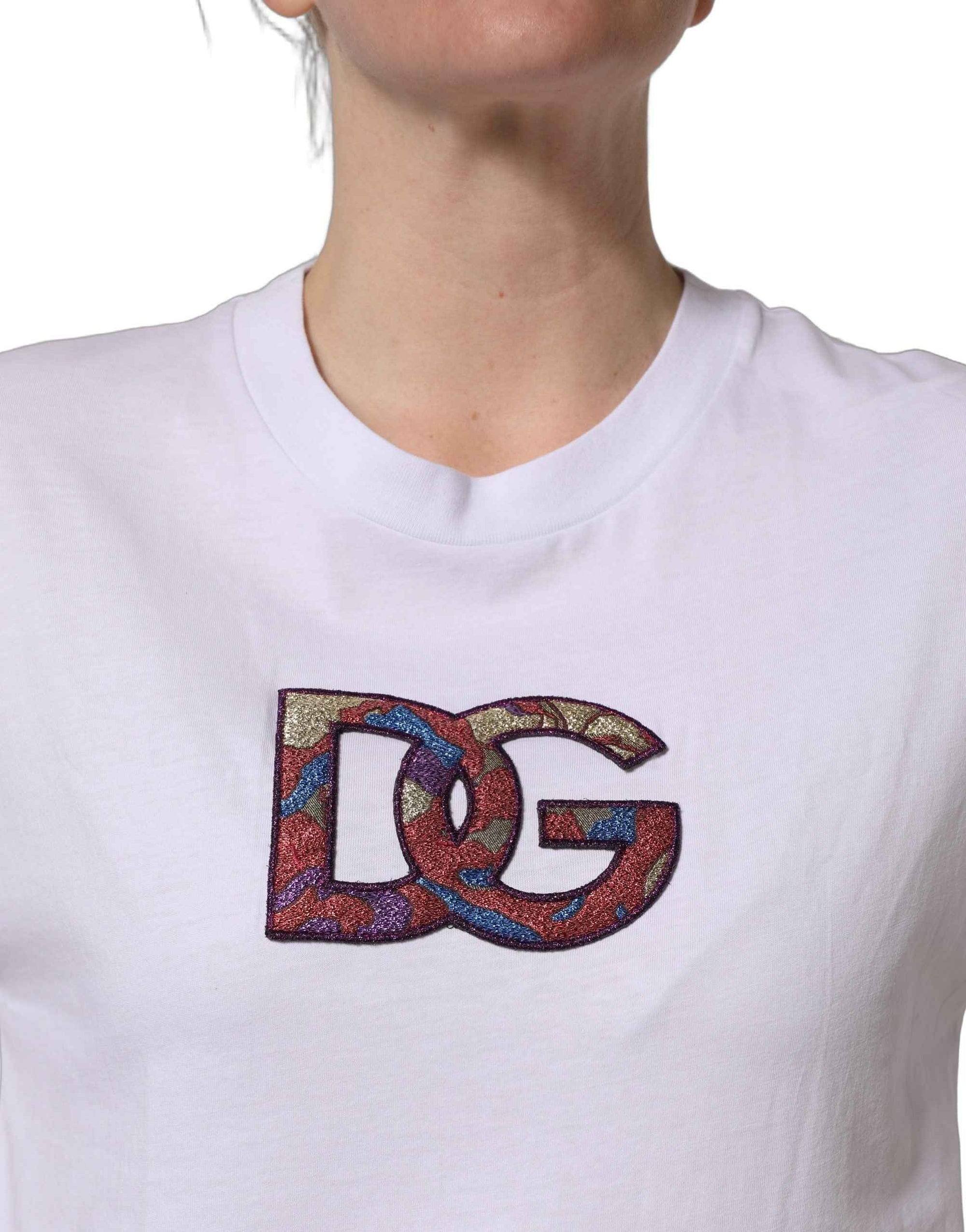 Dolce & Gabbana White Cotton DG Logo Patch Crew Neck T-shirt