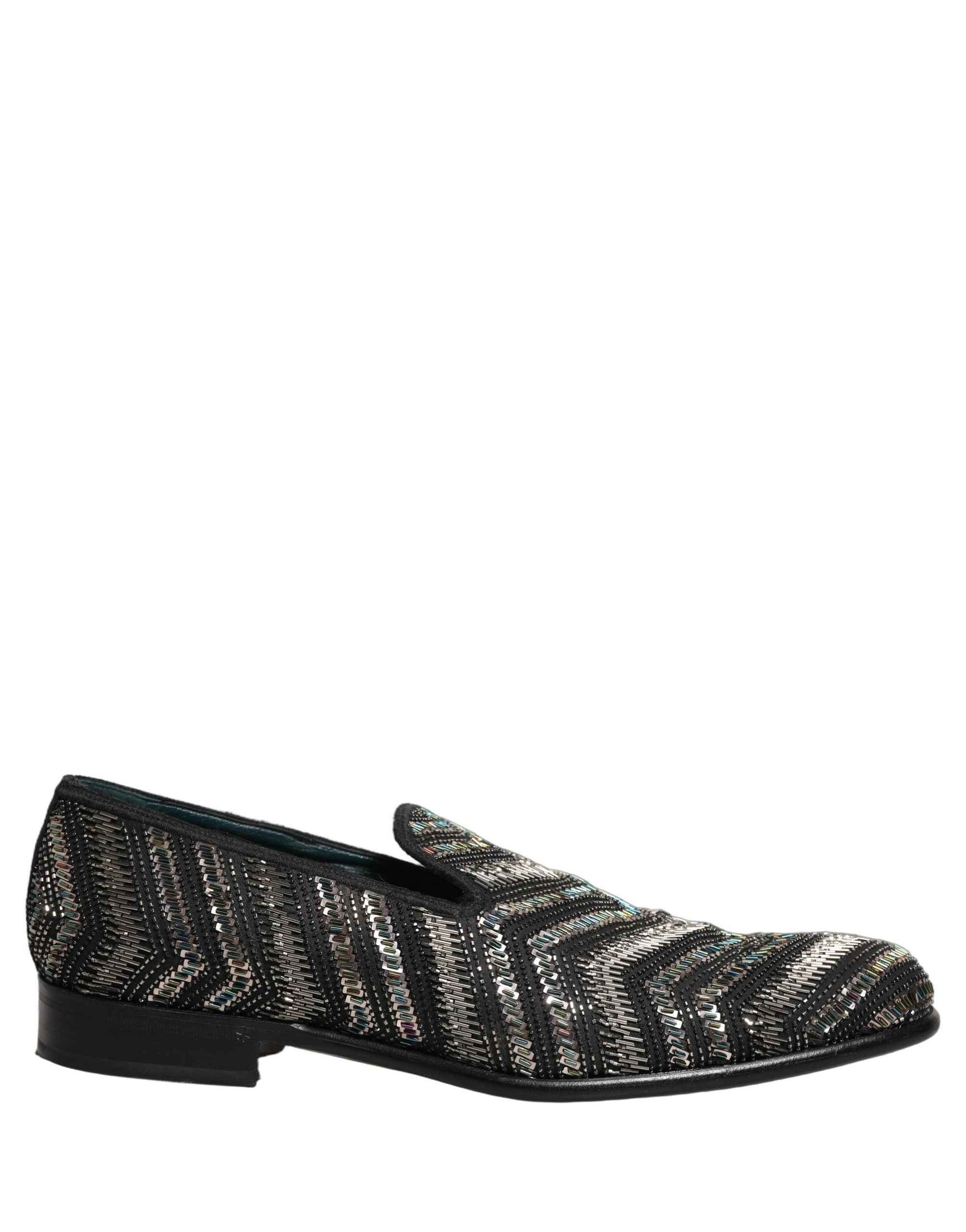 Dolce & Gabbana Black Silver Embellished Slip On Loafers Shoes