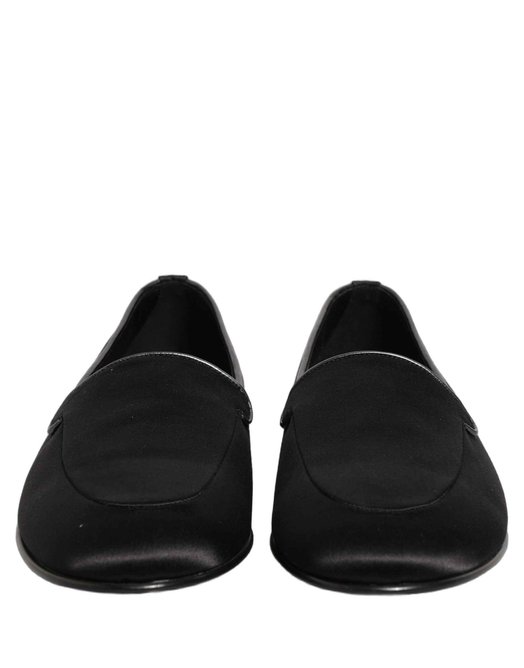 Dolce & Gabbana Black Satin Logo Slip On Flats Loafers Shoes