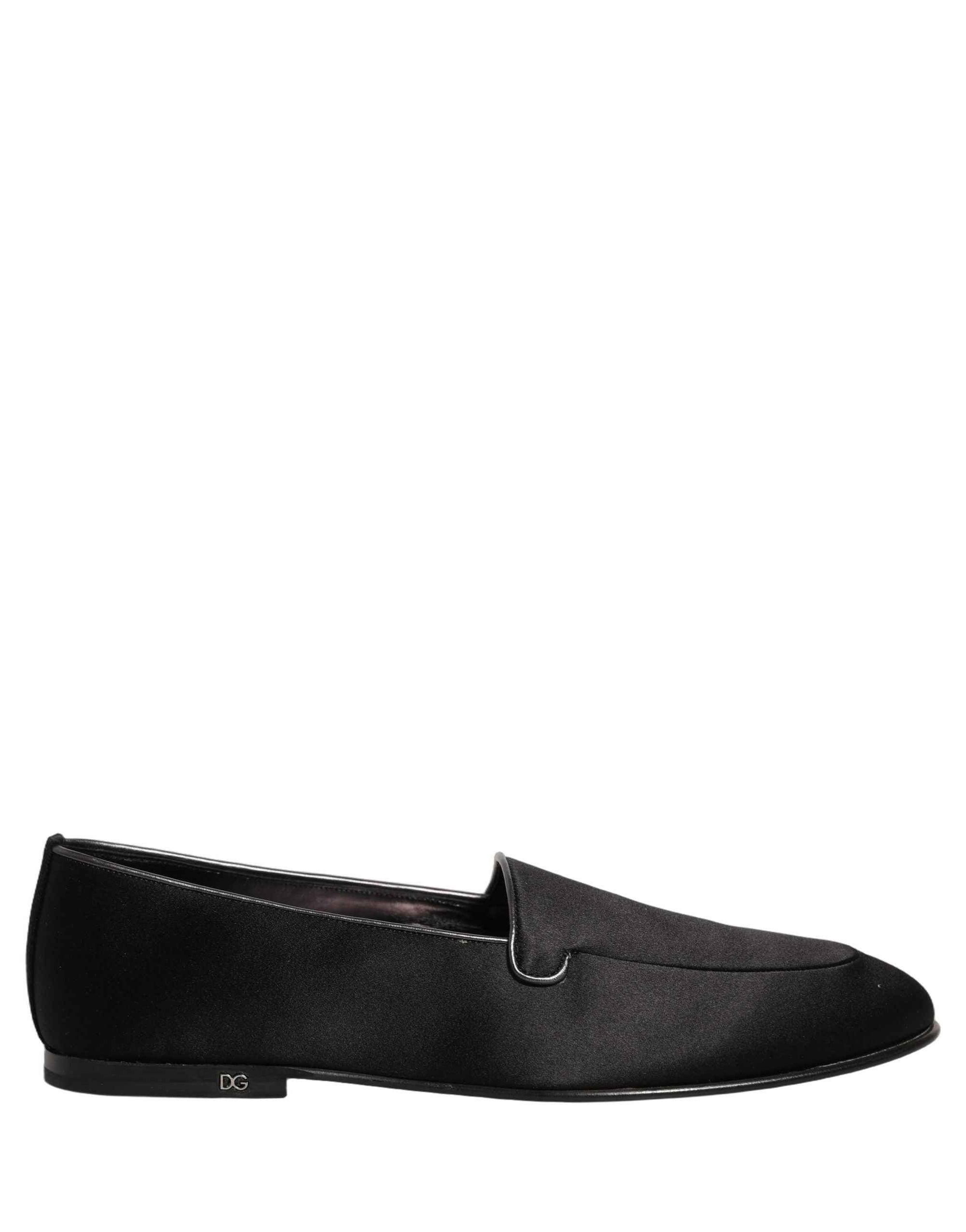 Dolce & Gabbana Black Satin Logo Slip On Flats Loafers Shoes