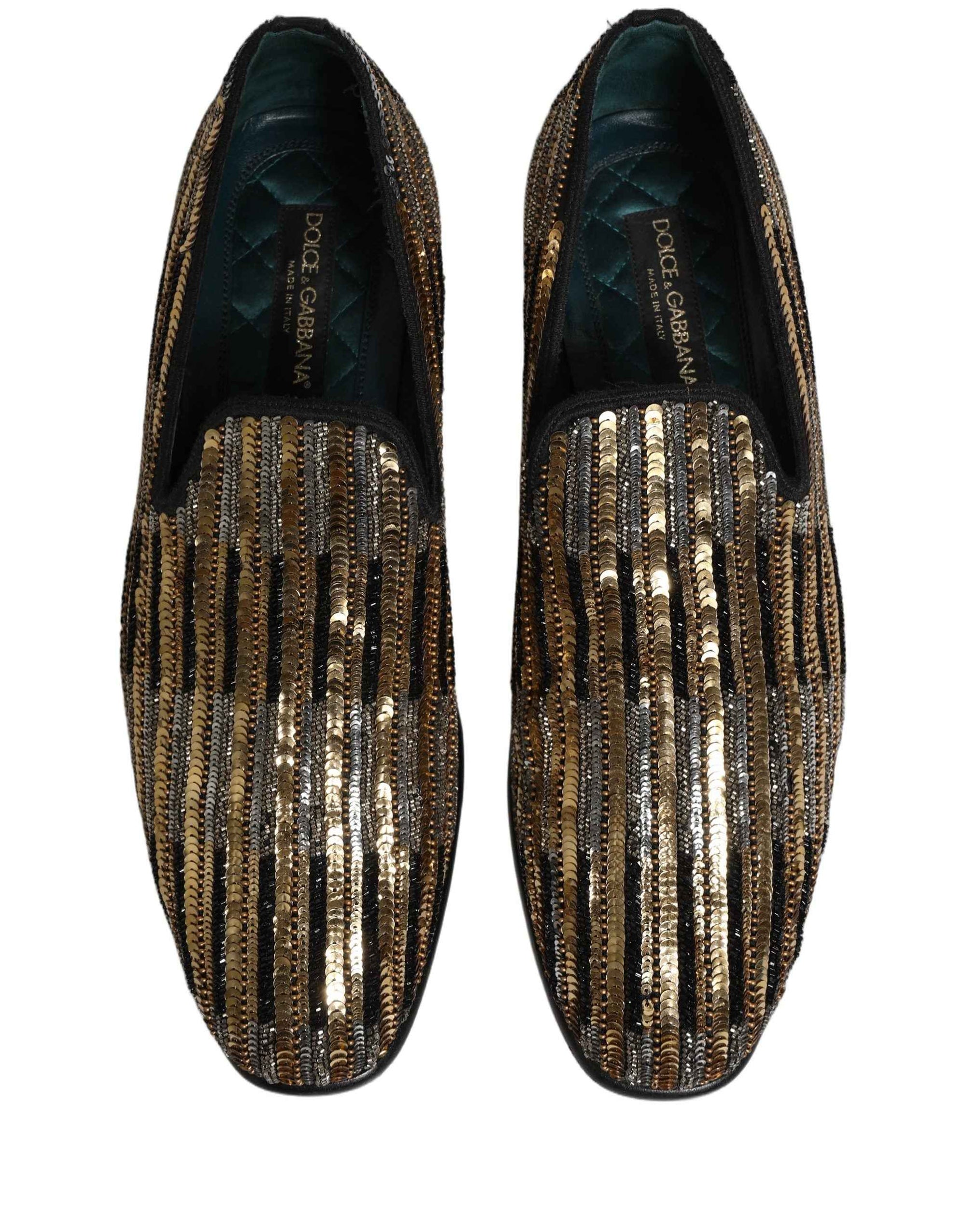 Dolce & Gabbana Gold Striped Sequin Embellished Loafer Shoes