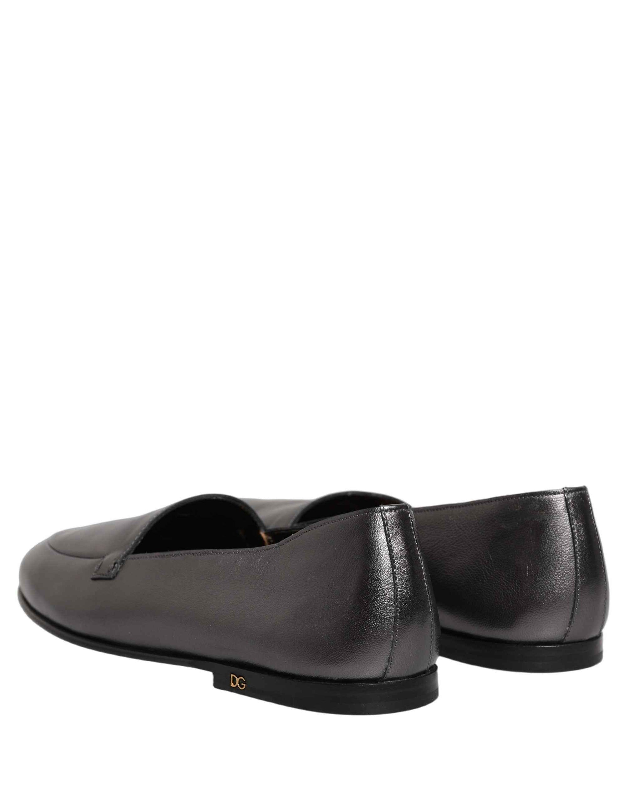 Dolce & Gabbana Silver Leather DG Logo Slip On Loafers Shoes