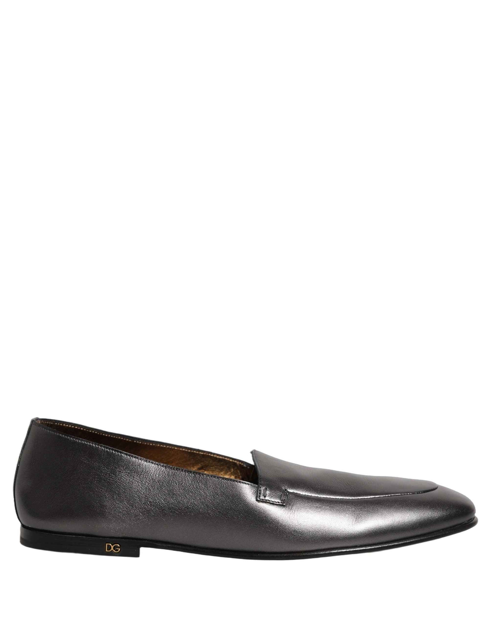Dolce & Gabbana Silver Leather DG Logo Slip On Loafers Shoes