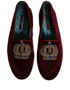 Dolce & Gabbana Burgundy Velvet Crown Slip On Loafers Shoes