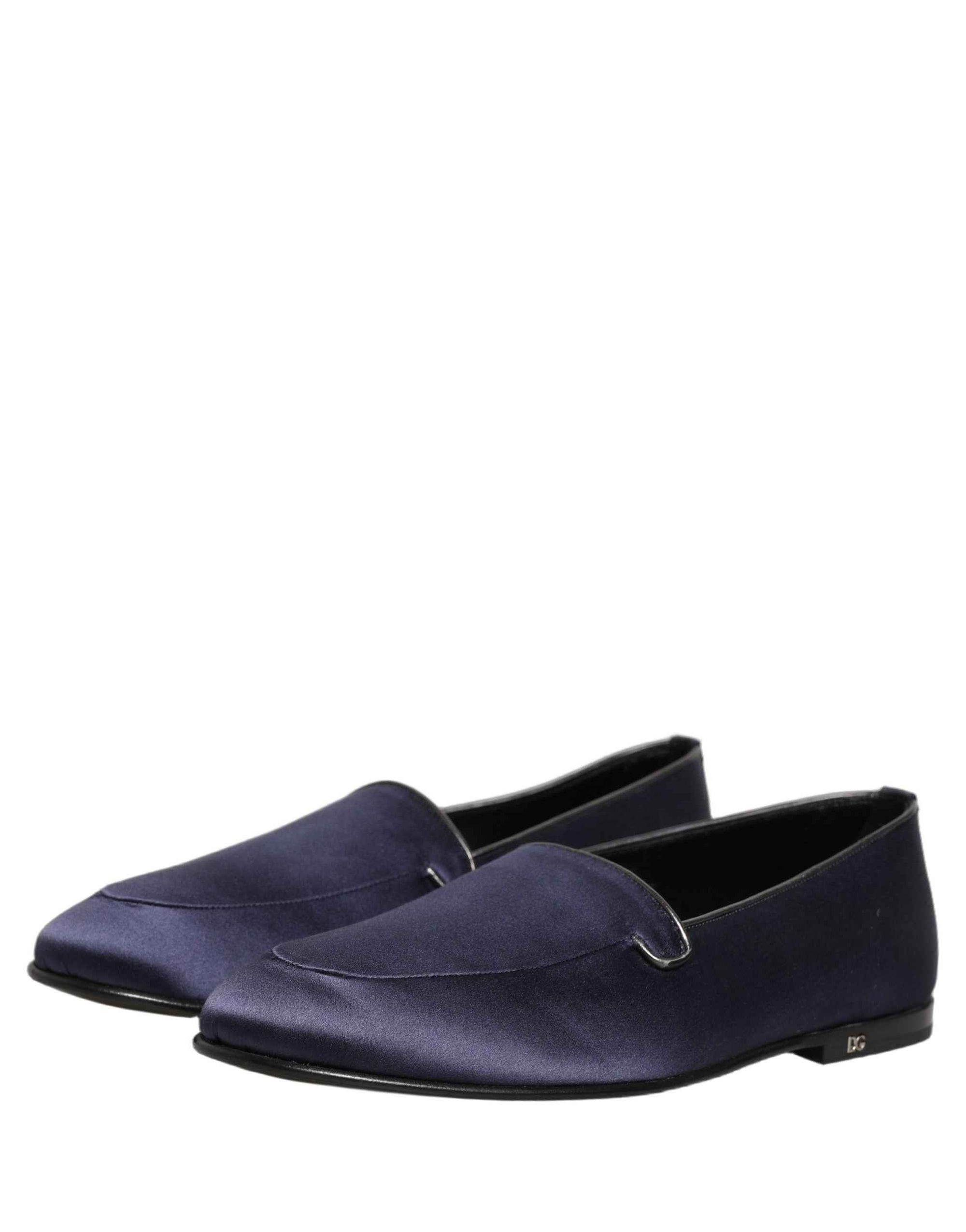 Dolce & Gabbana Blue Satin Logo Slip On Flats Loafers Shoes
