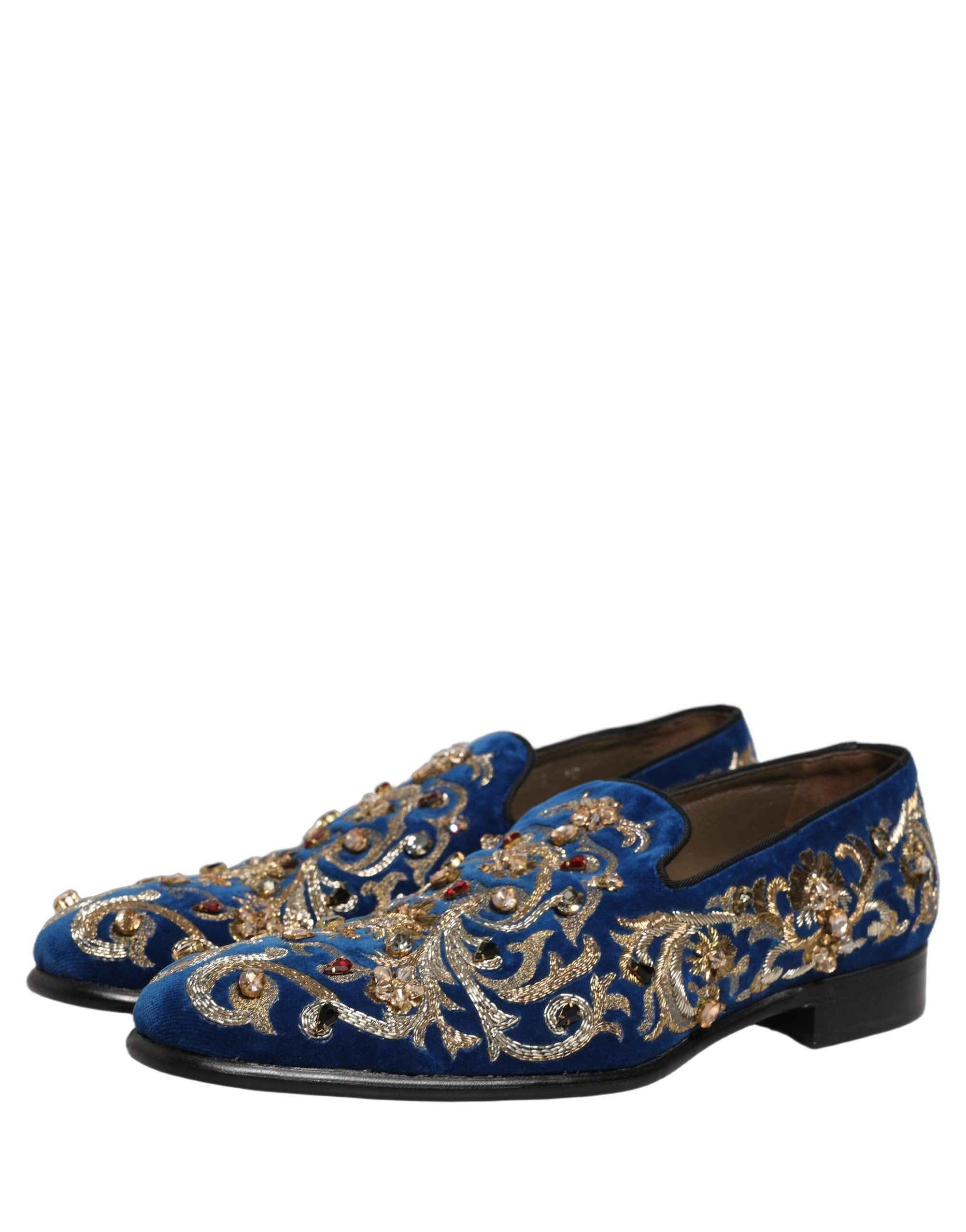 Dolce & Gabbana Blue Velvet Embellished Dress Loafers Shoes