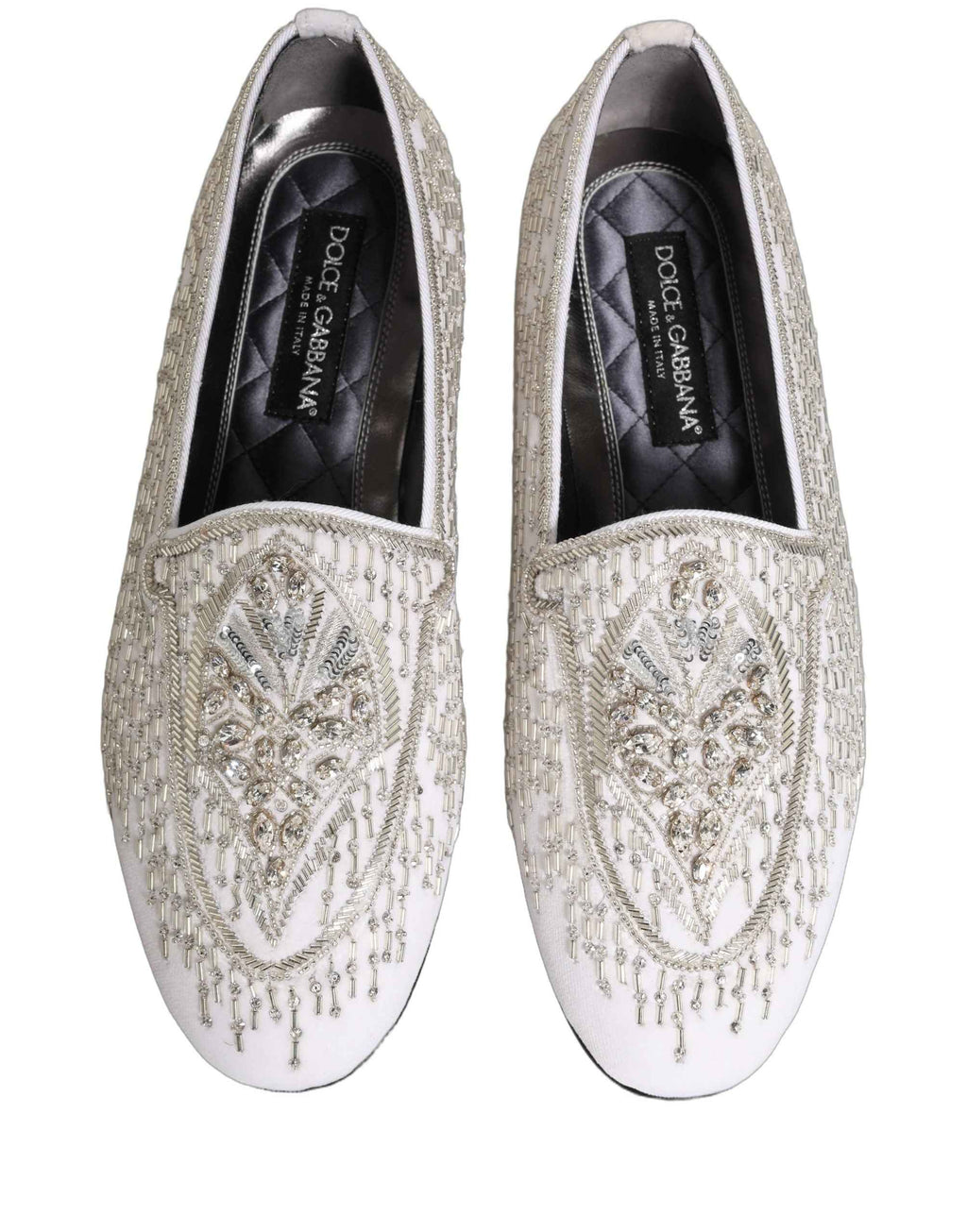 Dolce & Gabbana White Satin Embellished Dress Loafers Shoes