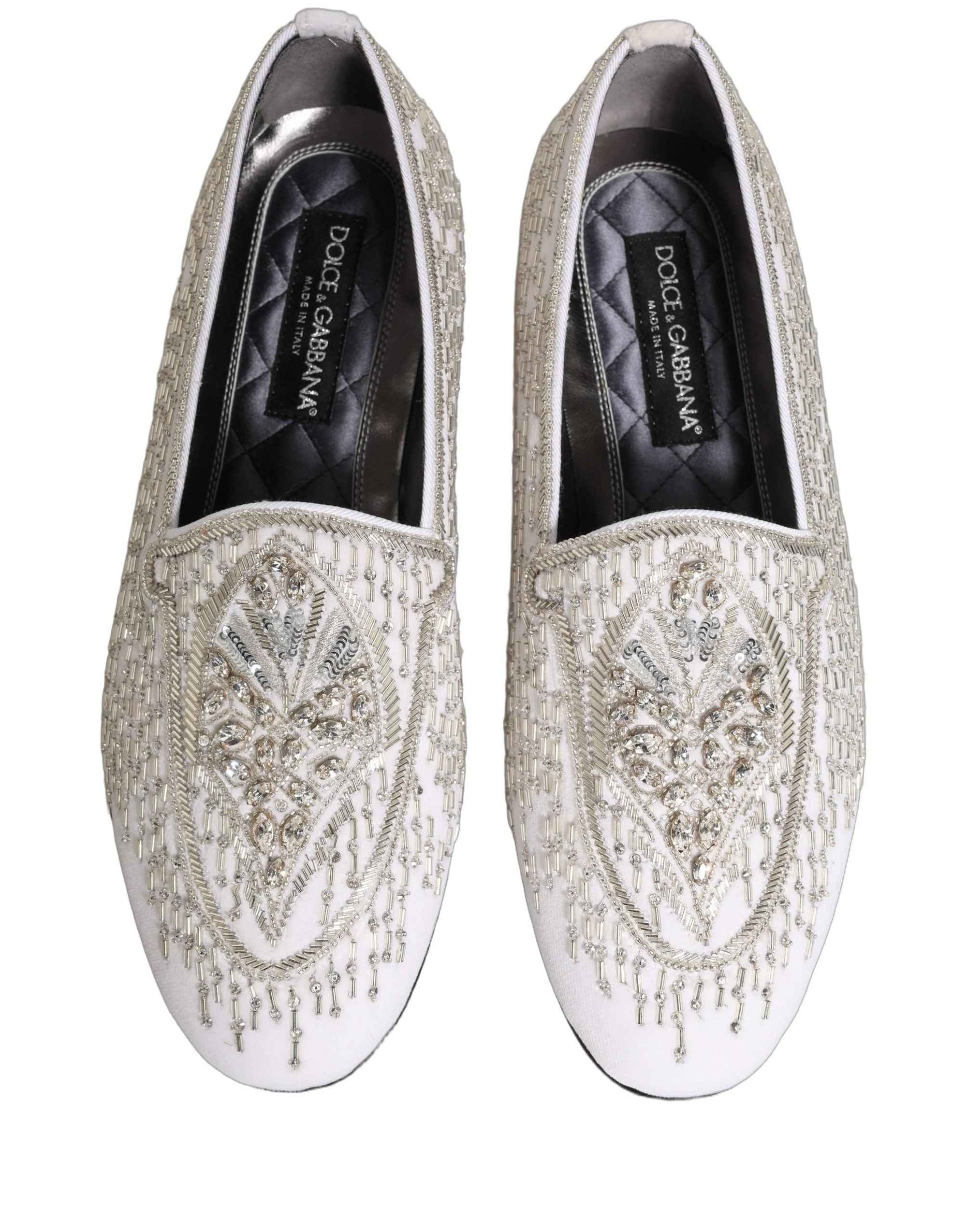 Dolce & Gabbana White Satin Embellished Dress Loafers Shoes