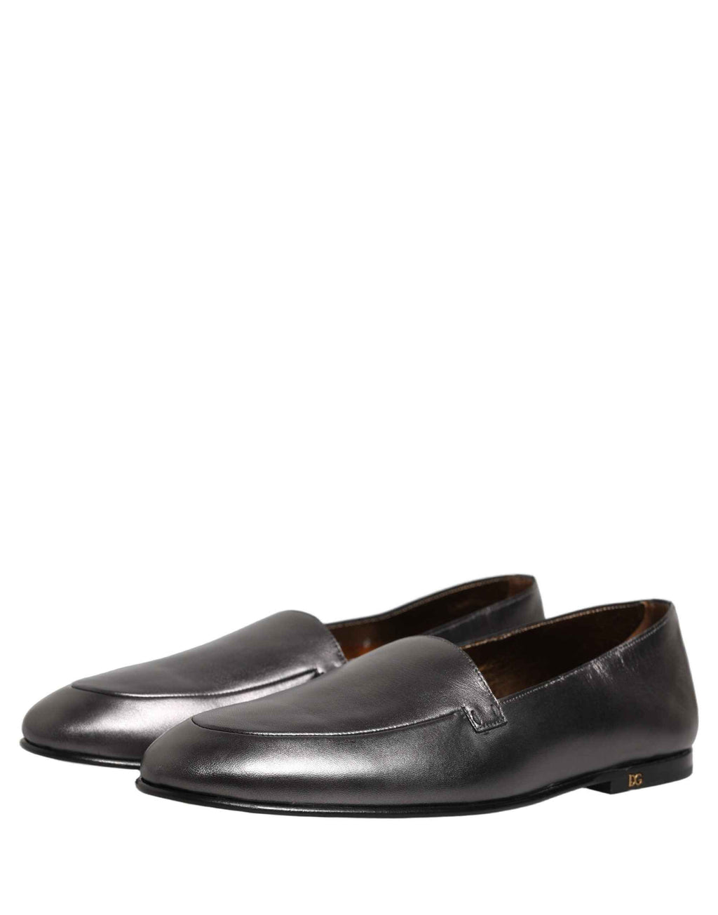 Dolce & Gabbana Silver Leather DG Logo Slip On Loafers Shoes