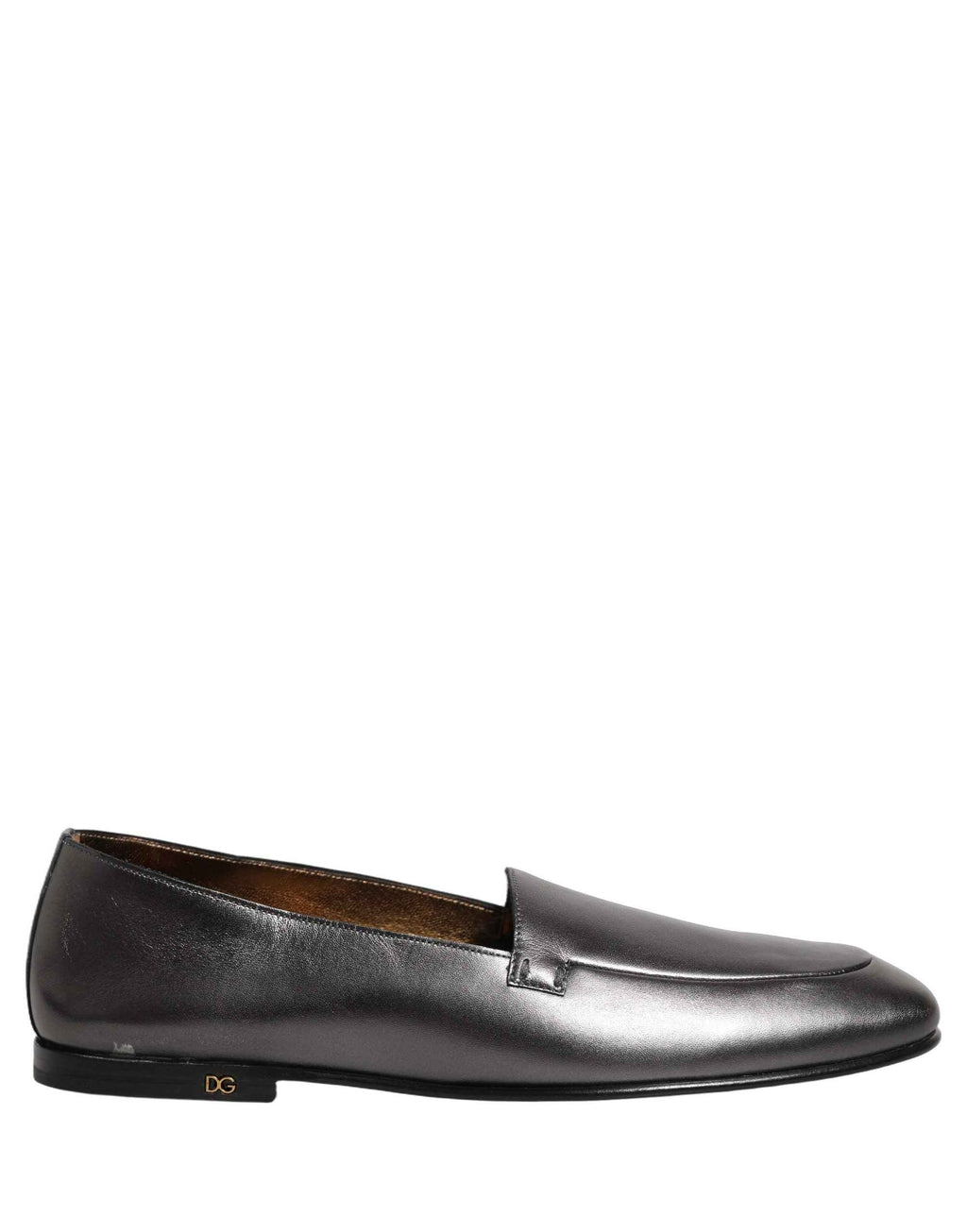 Dolce & Gabbana Silver Leather DG Logo Slip On Loafers Shoes