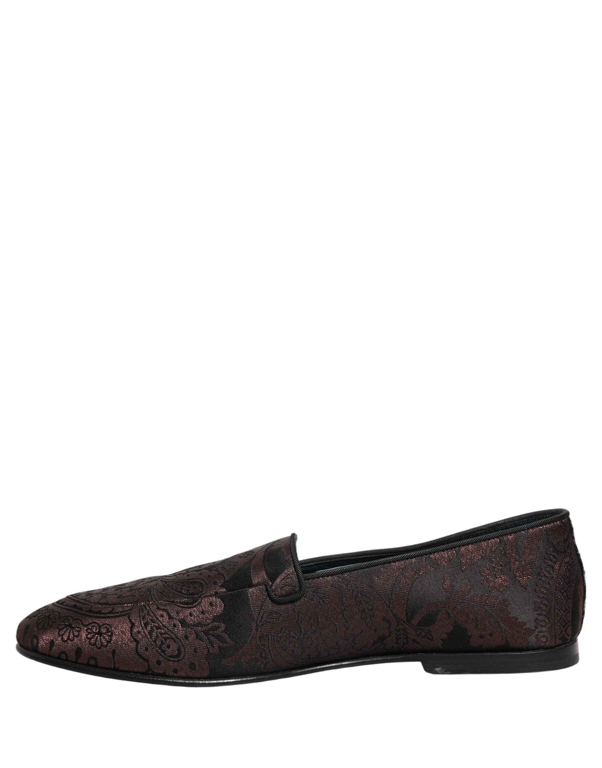 Dolce & Gabbana Maroon Jacquard Leather Slip On Loafers Shoes