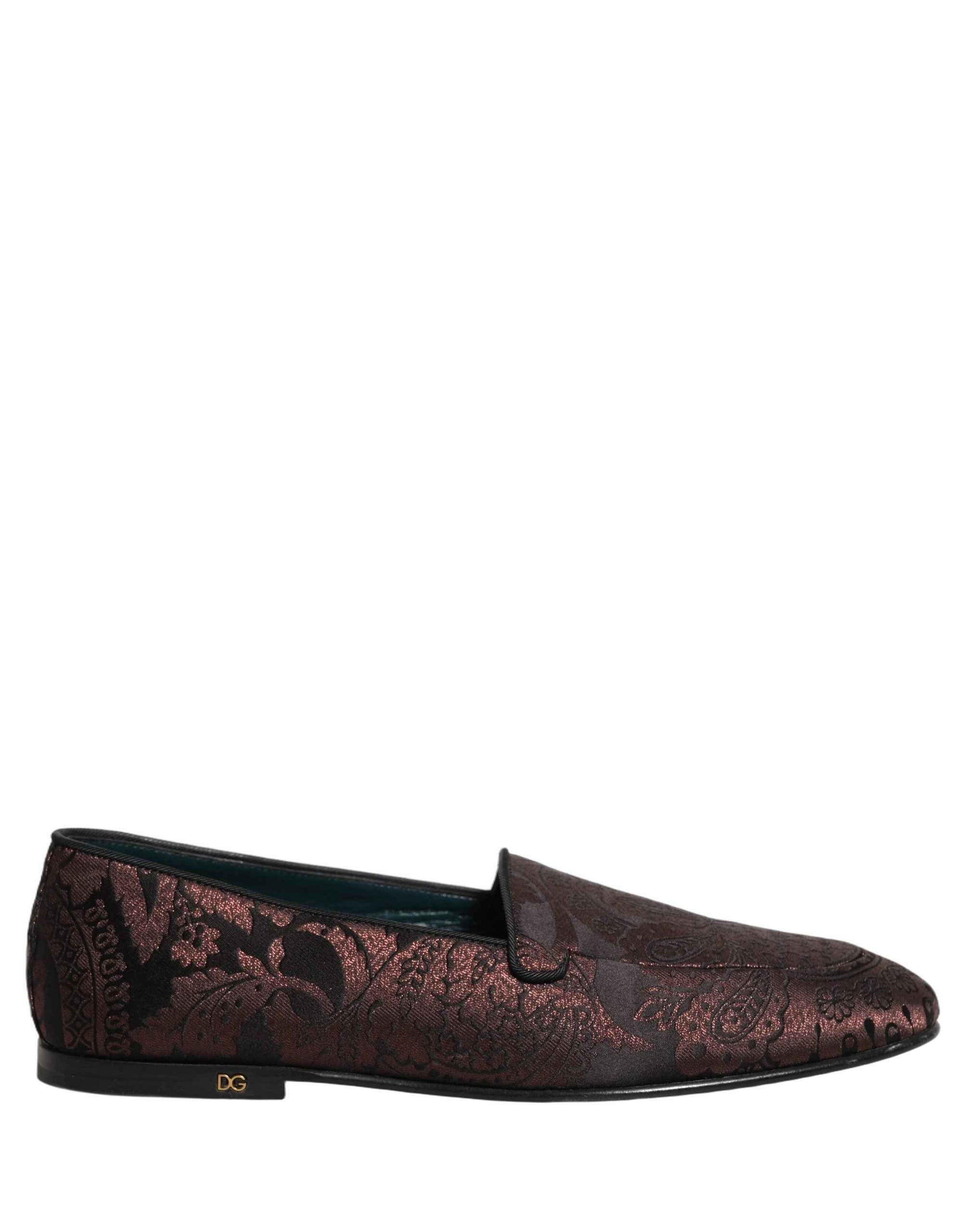 Dolce & Gabbana Maroon Jacquard Leather Slip On Loafers Shoes