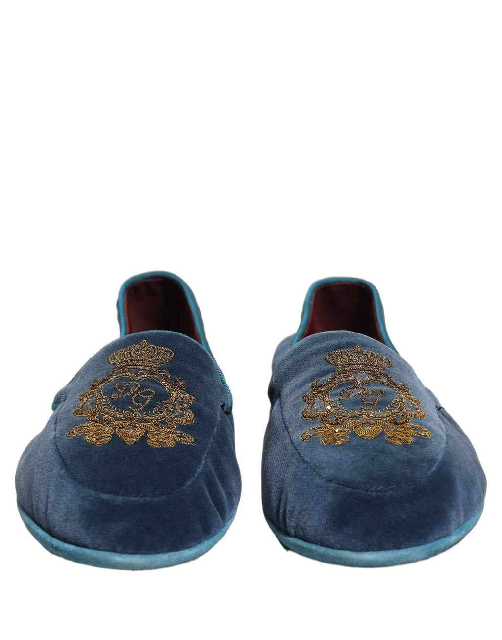 Dolce & Gabbana Blue Velvet Crown Embroidery Loafers Shoes