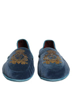 Dolce & Gabbana Blue Velvet Crown Embroidery Loafers Shoes