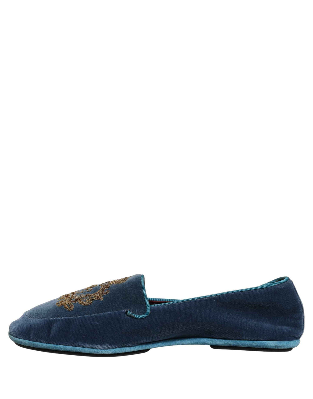 Dolce & Gabbana Blue Velvet Crown Embroidery Loafers Shoes