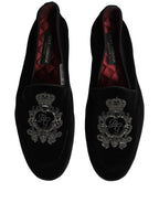 Dolce & Gabbana Black Velvet Crown Embroidery Loafers Shoes