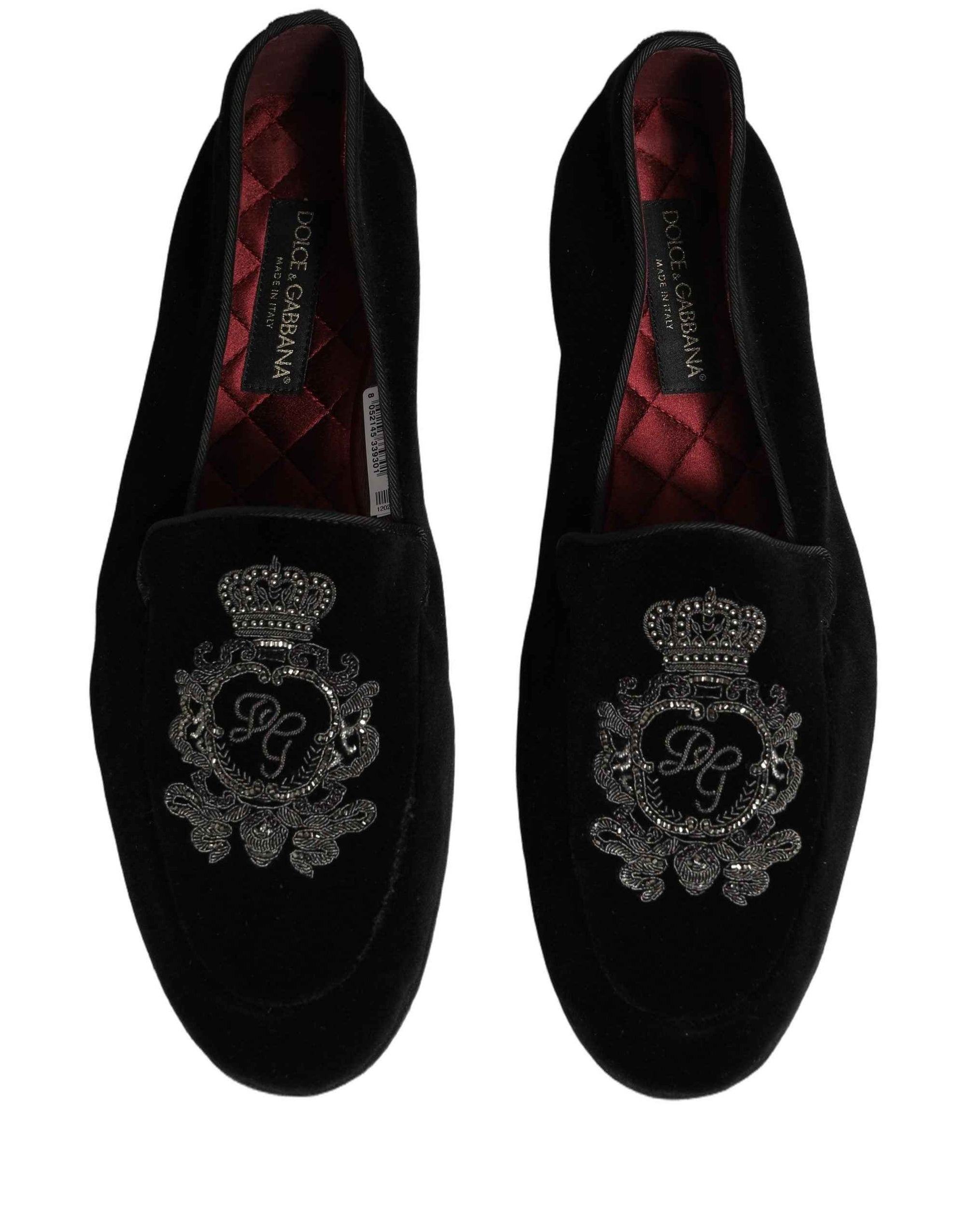Dolce & Gabbana Black Velvet Crown Embroidery Loafers Shoes