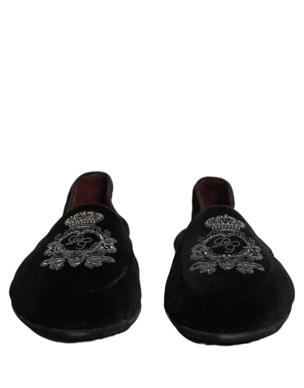 Dolce & Gabbana Black Velvet Crown Embroidery Loafers Shoes