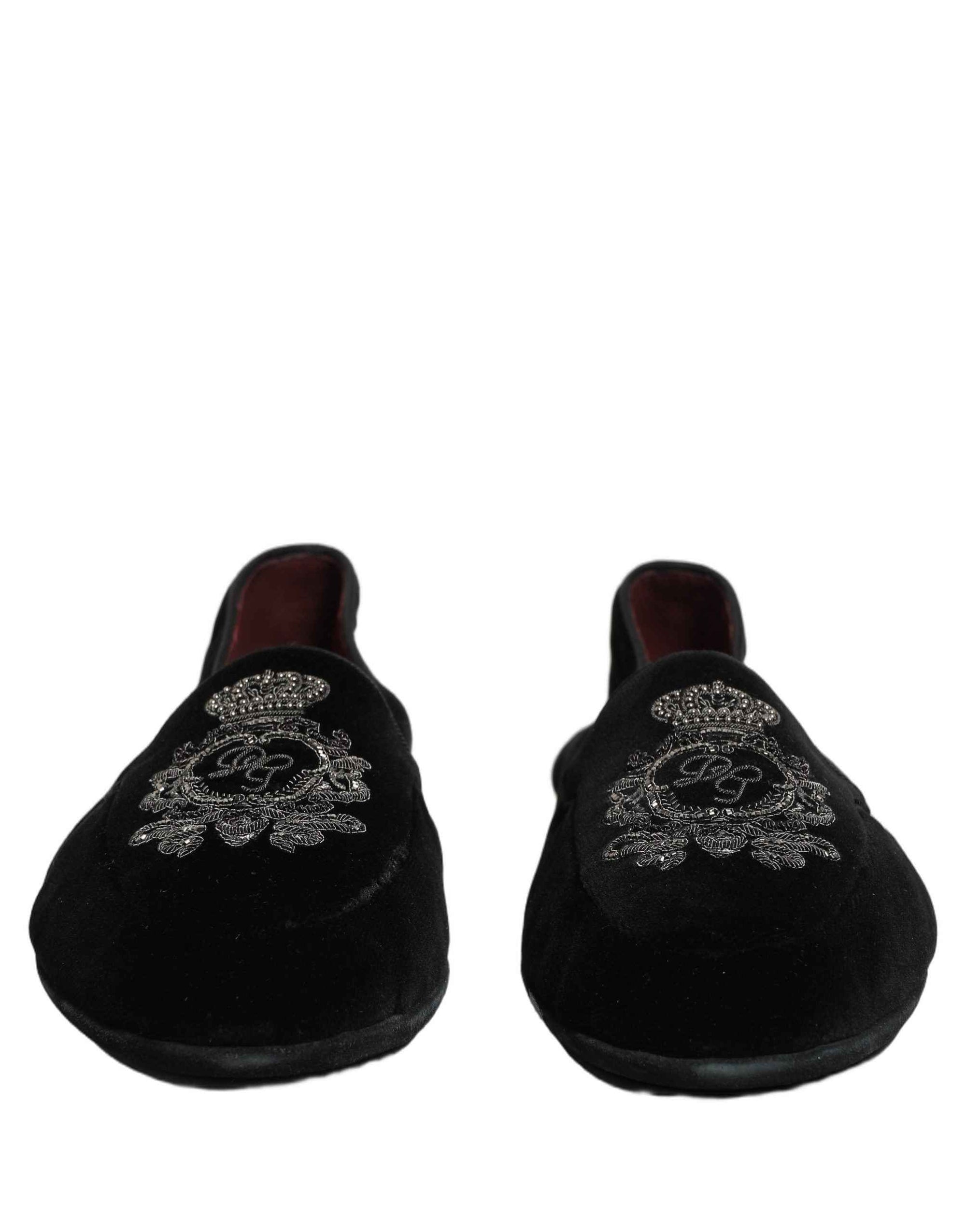 Dolce & Gabbana Black Velvet Crown Embroidery Loafers Shoes