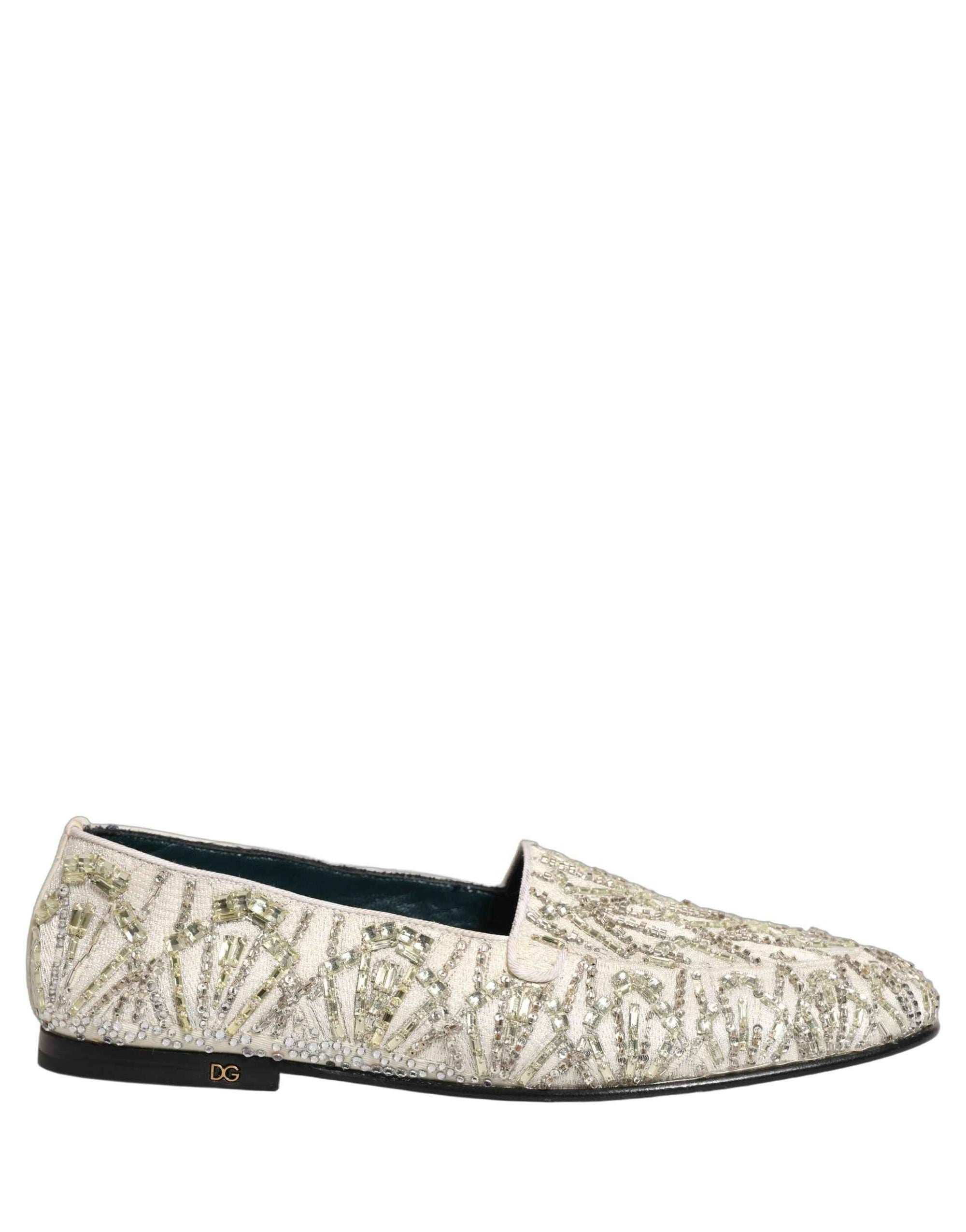 Dolce & Gabbana White Velvet Embroidered Dress Loafers Shoes