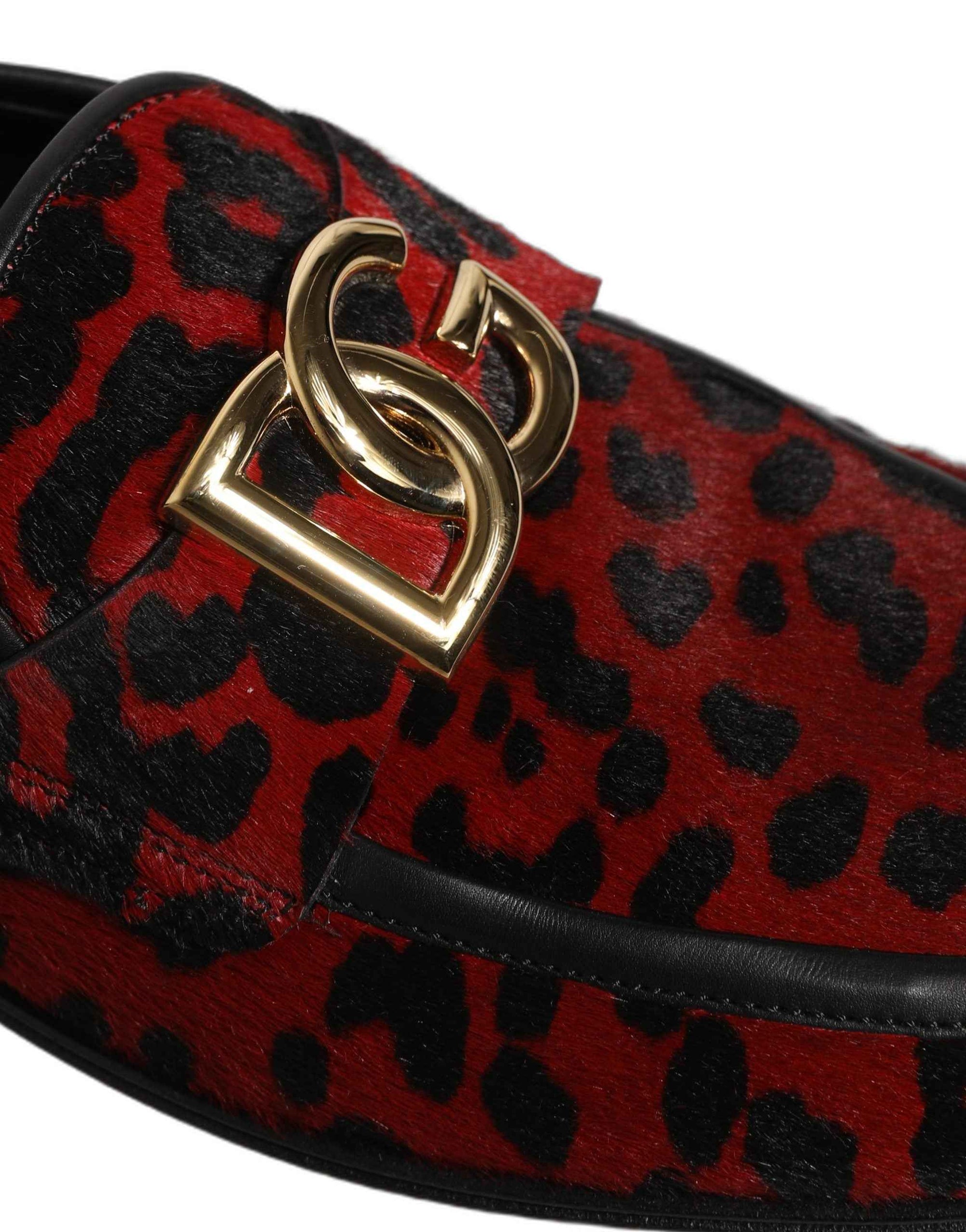 Dolce & Gabbana Red Leopard Print Pony Hair Dress Loafers Shoes
