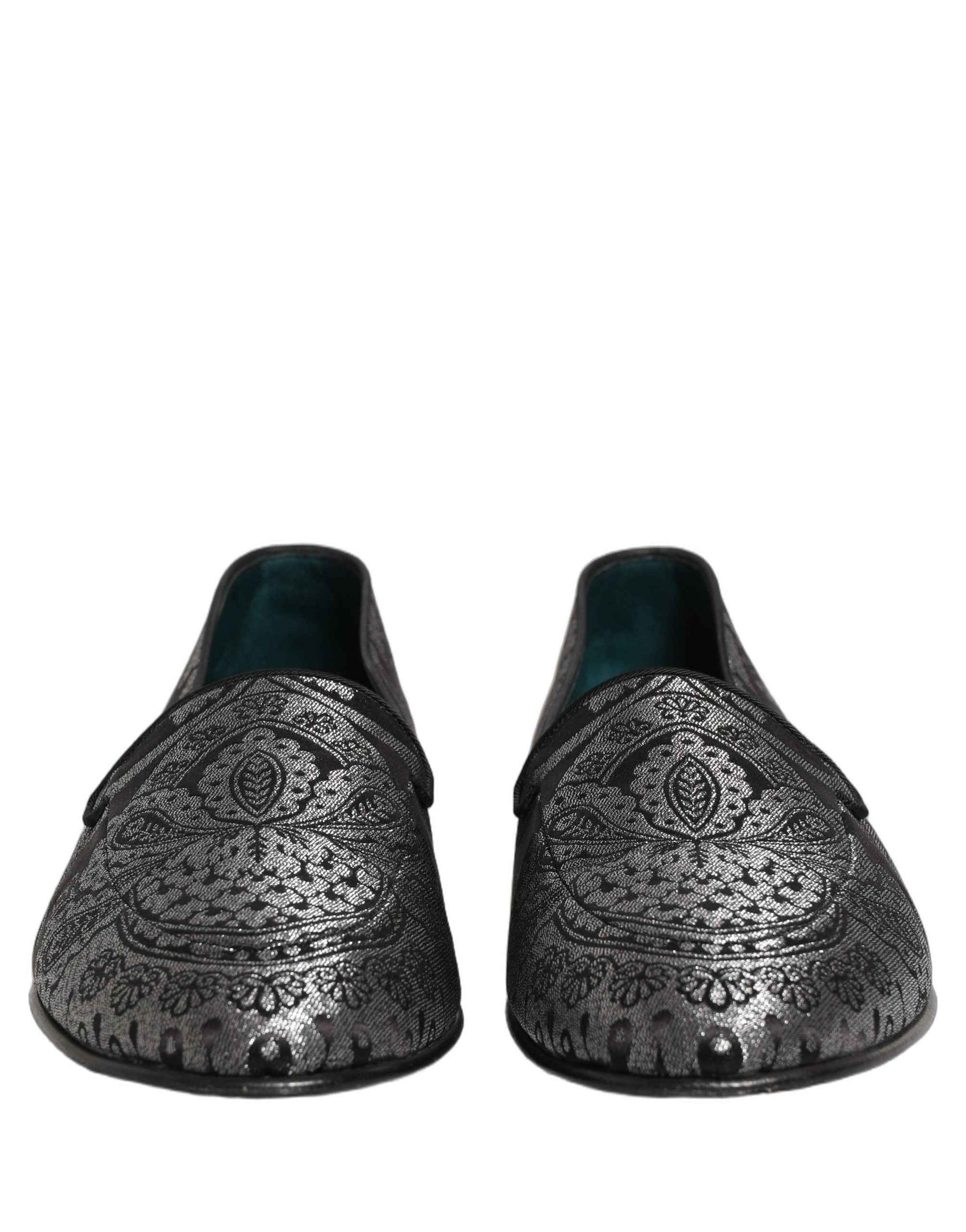 Dolce & Gabbana Silver Jacquard Leather Slip On Loafers Shoes