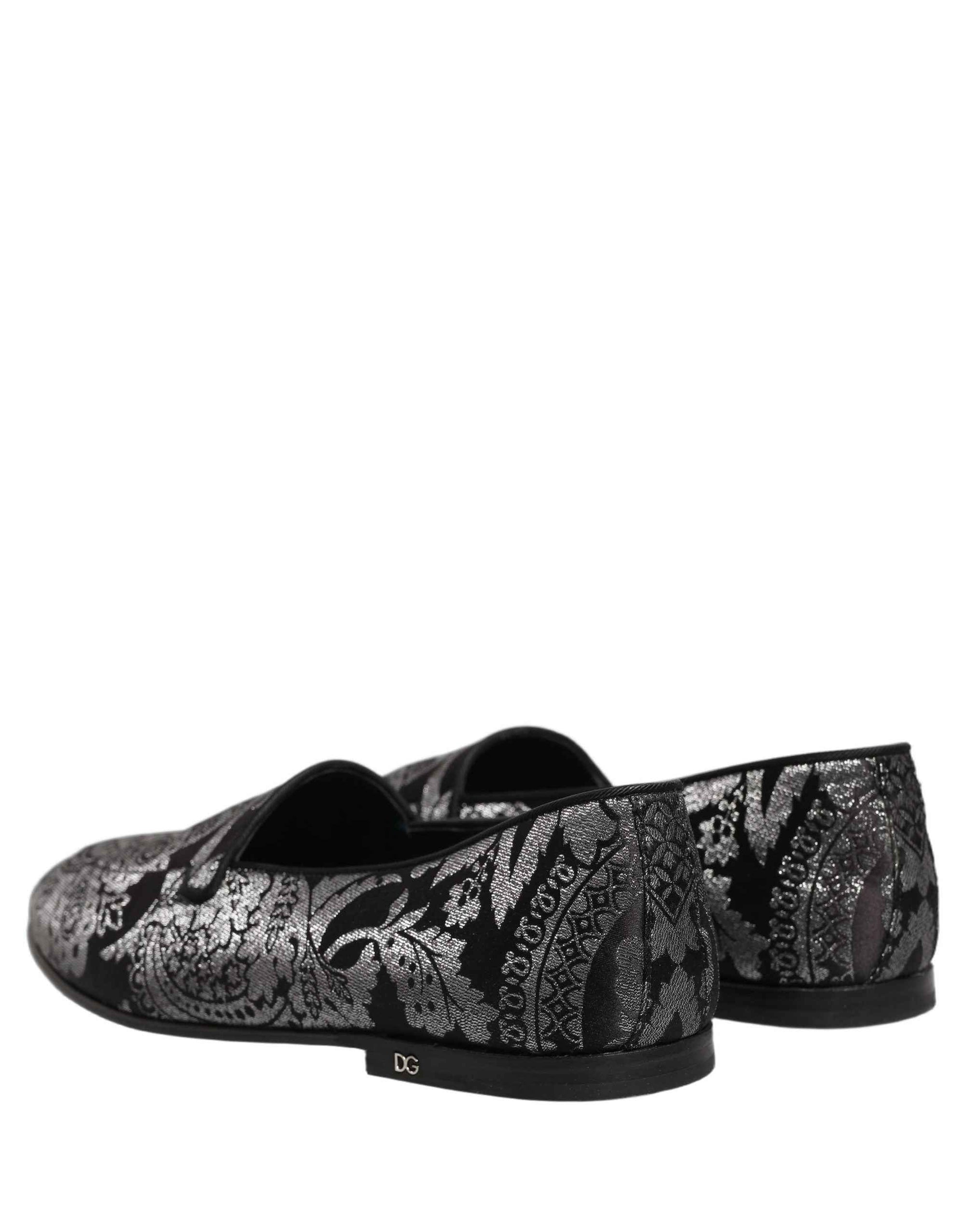 Dolce & Gabbana Silver Jacquard Leather Slip On Loafers Shoes