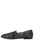 Dolce & Gabbana Silver Jacquard Leather Slip On Loafers Shoes