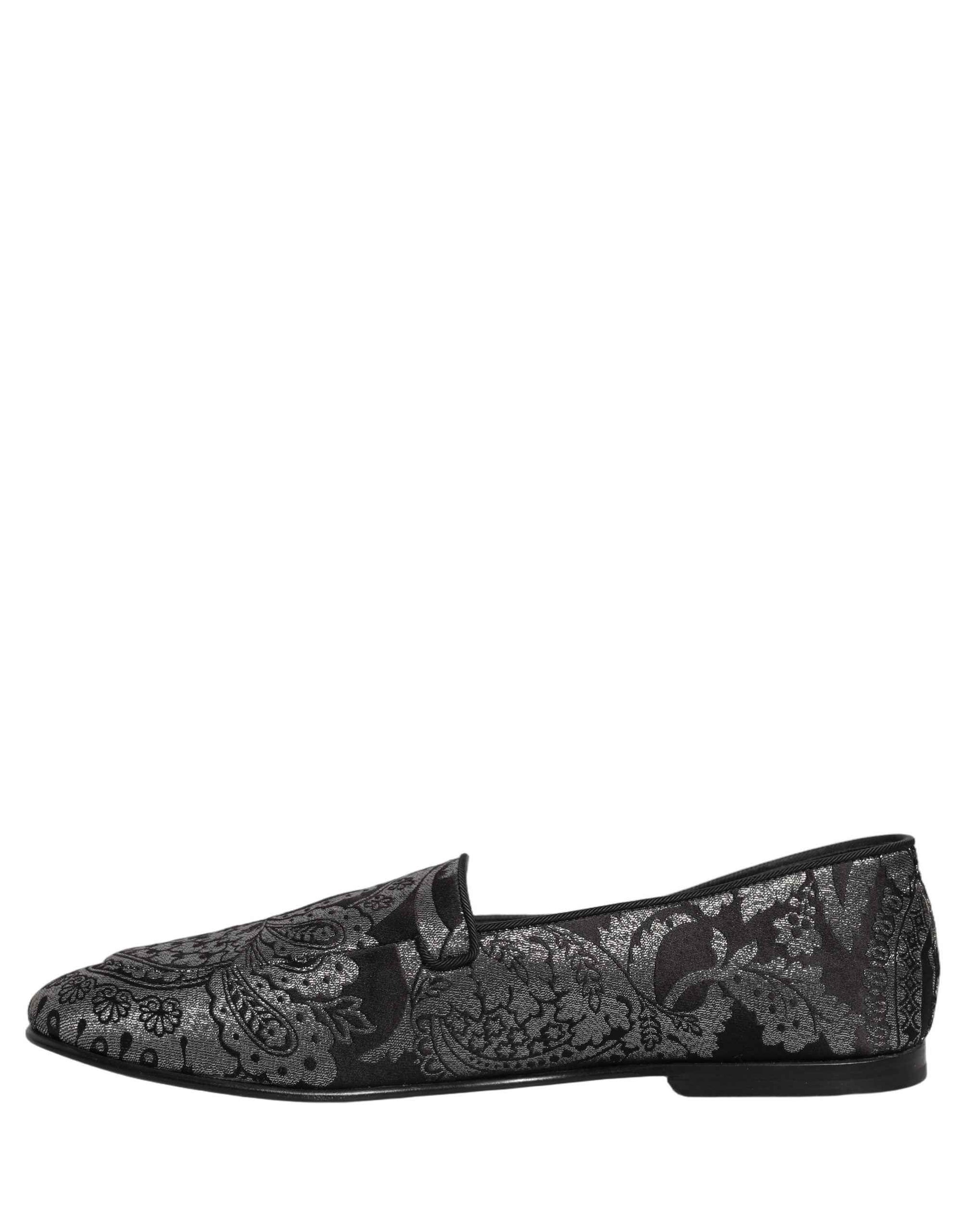 Dolce & Gabbana Silver Jacquard Leather Slip On Loafers Shoes