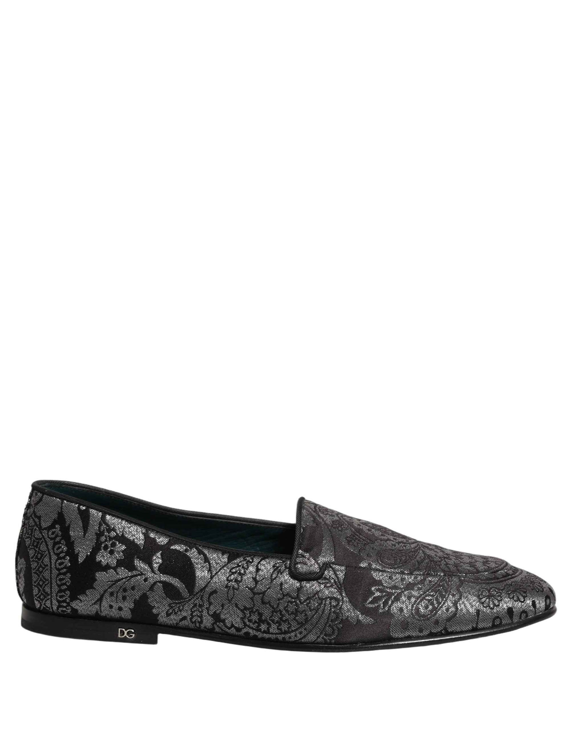Dolce & Gabbana Silver Jacquard Leather Slip On Loafers Shoes