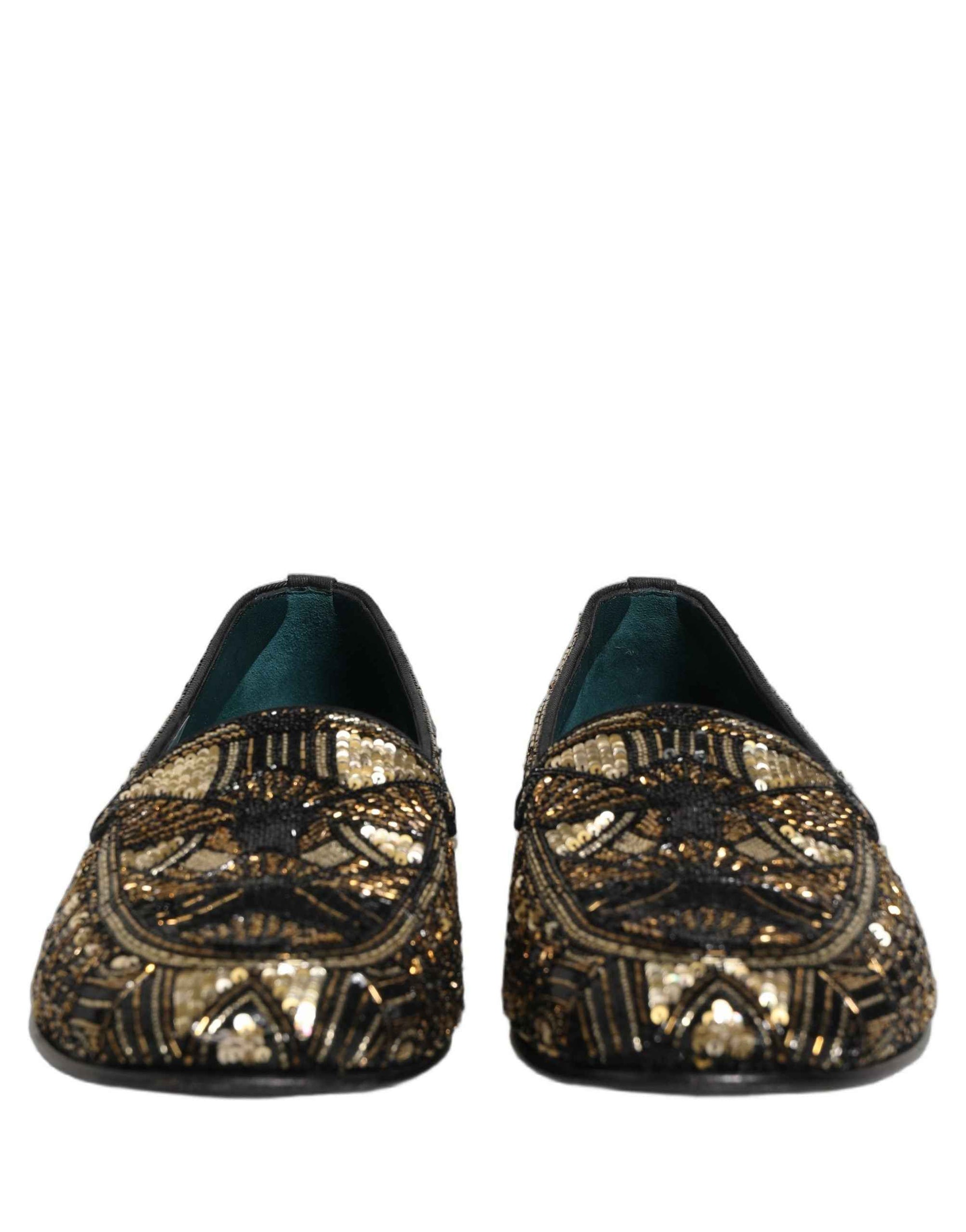 Dolce & Gabbana Black Gold Embellished Slip On Loafers Shoes