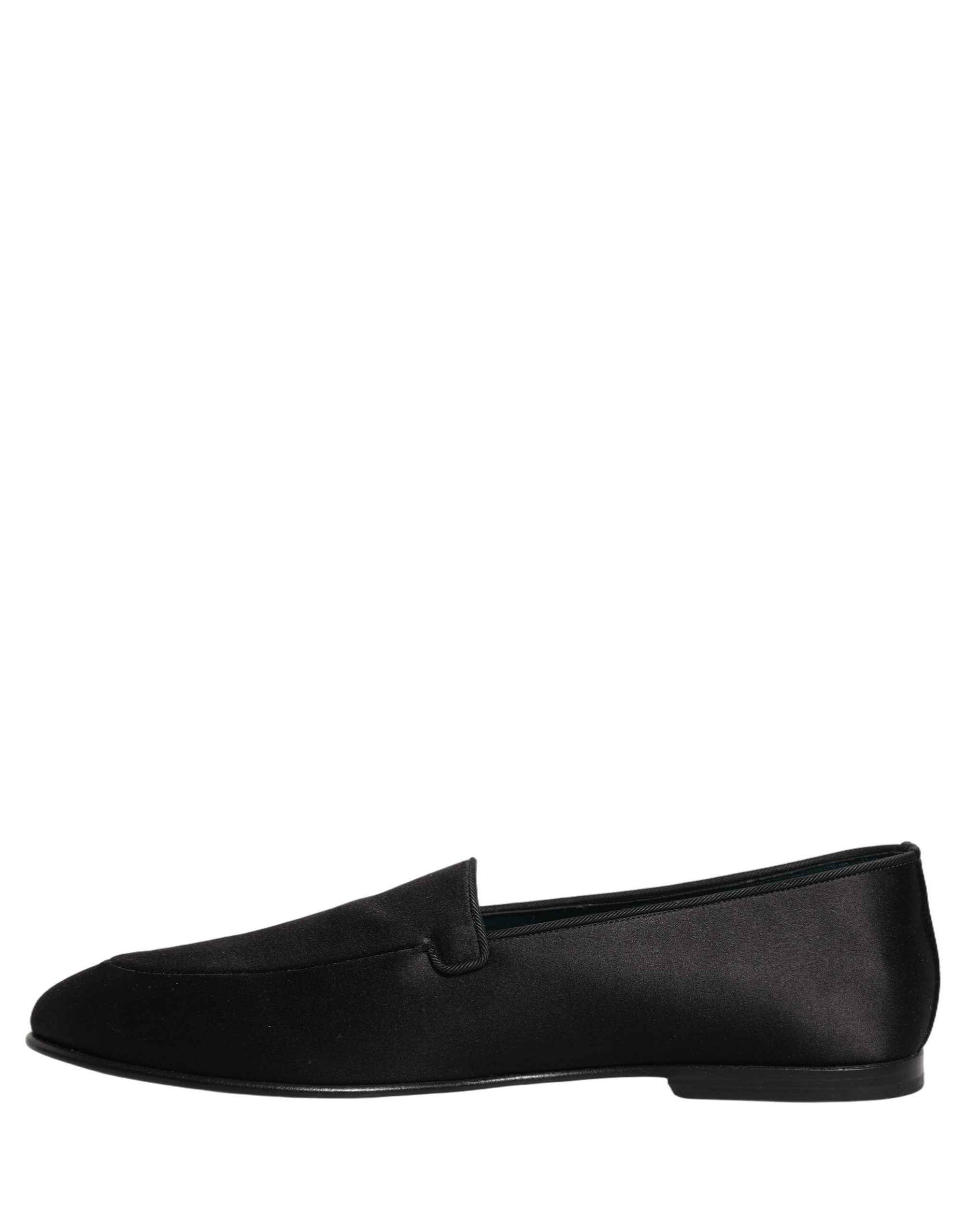 Dolce & Gabbana Black Satin Logo Slip On Flats Loafers Shoes