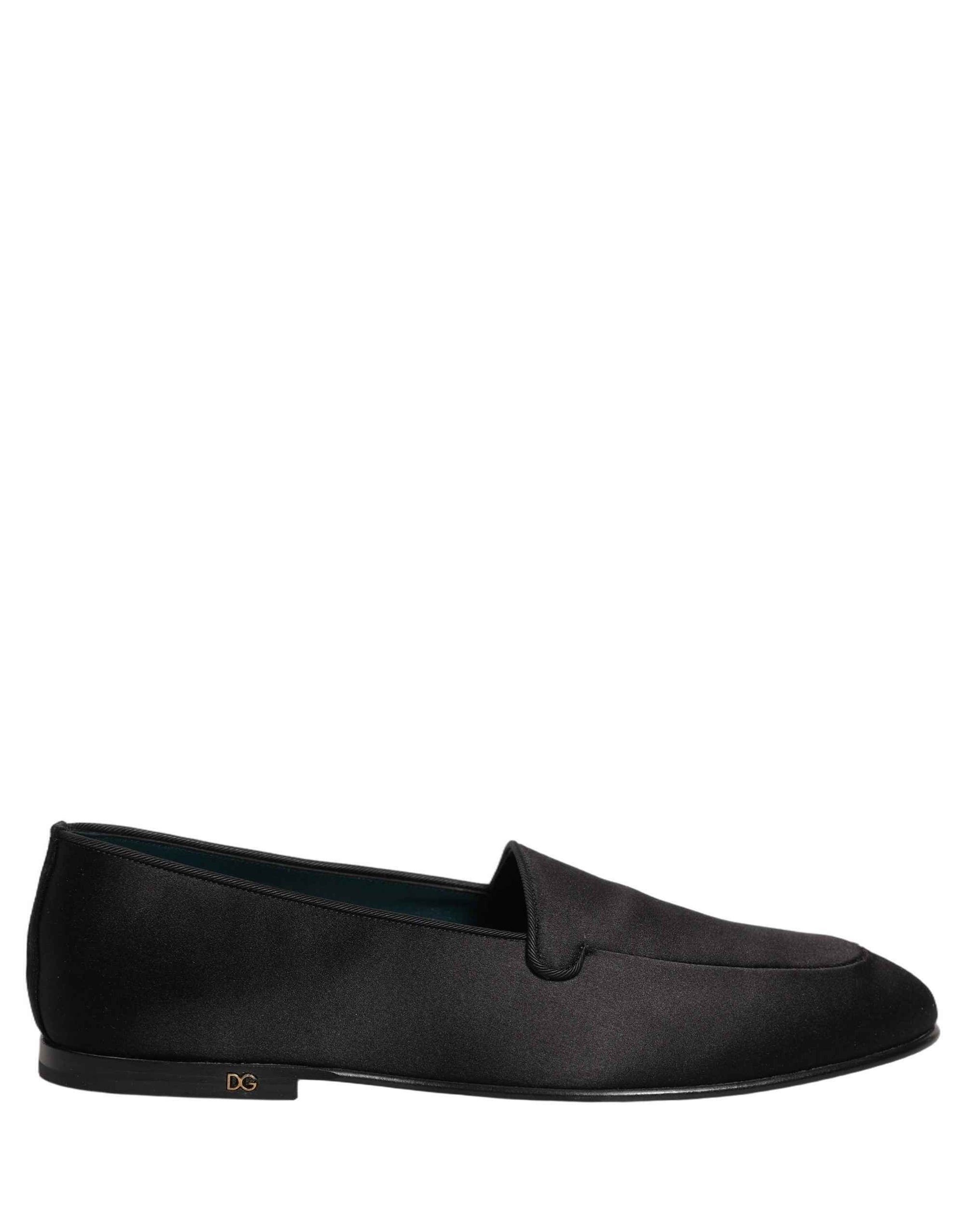 Dolce & Gabbana Black Satin Logo Slip On Flats Loafers Shoes