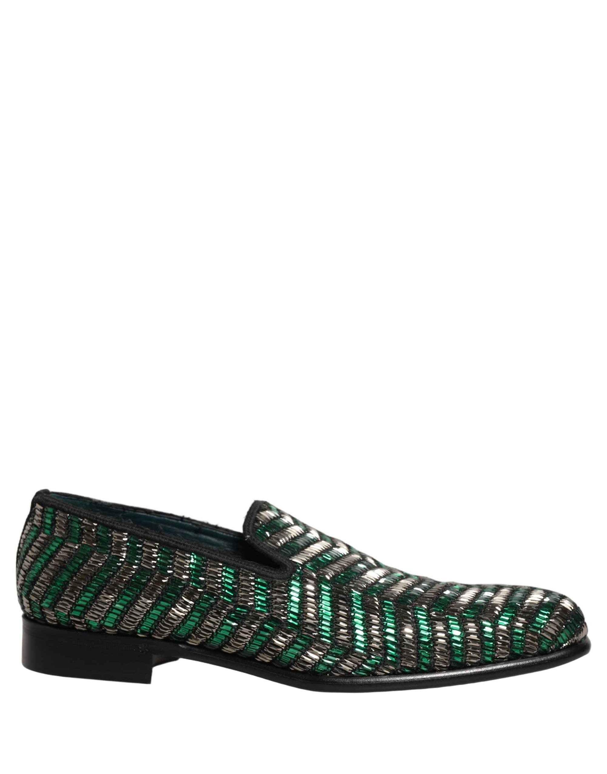 Dolce & Gabbana Silver Green Embellished Dress Loafers Shoes